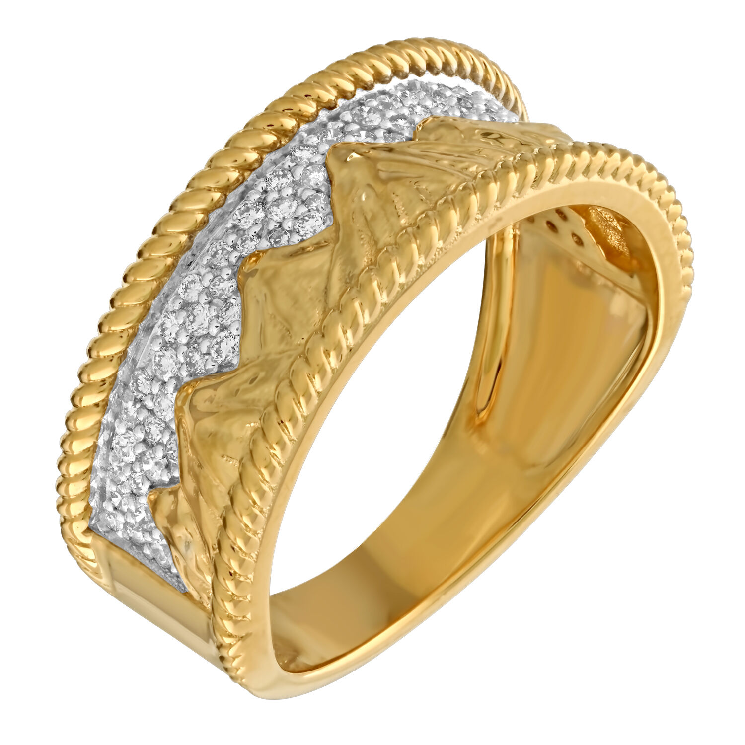 Diamond Peak&trade; 14K Yellow Gold Ring Wide with Mountain Across Bottom Pave Sky Twisted Rails Diamond 0.25 Ctw