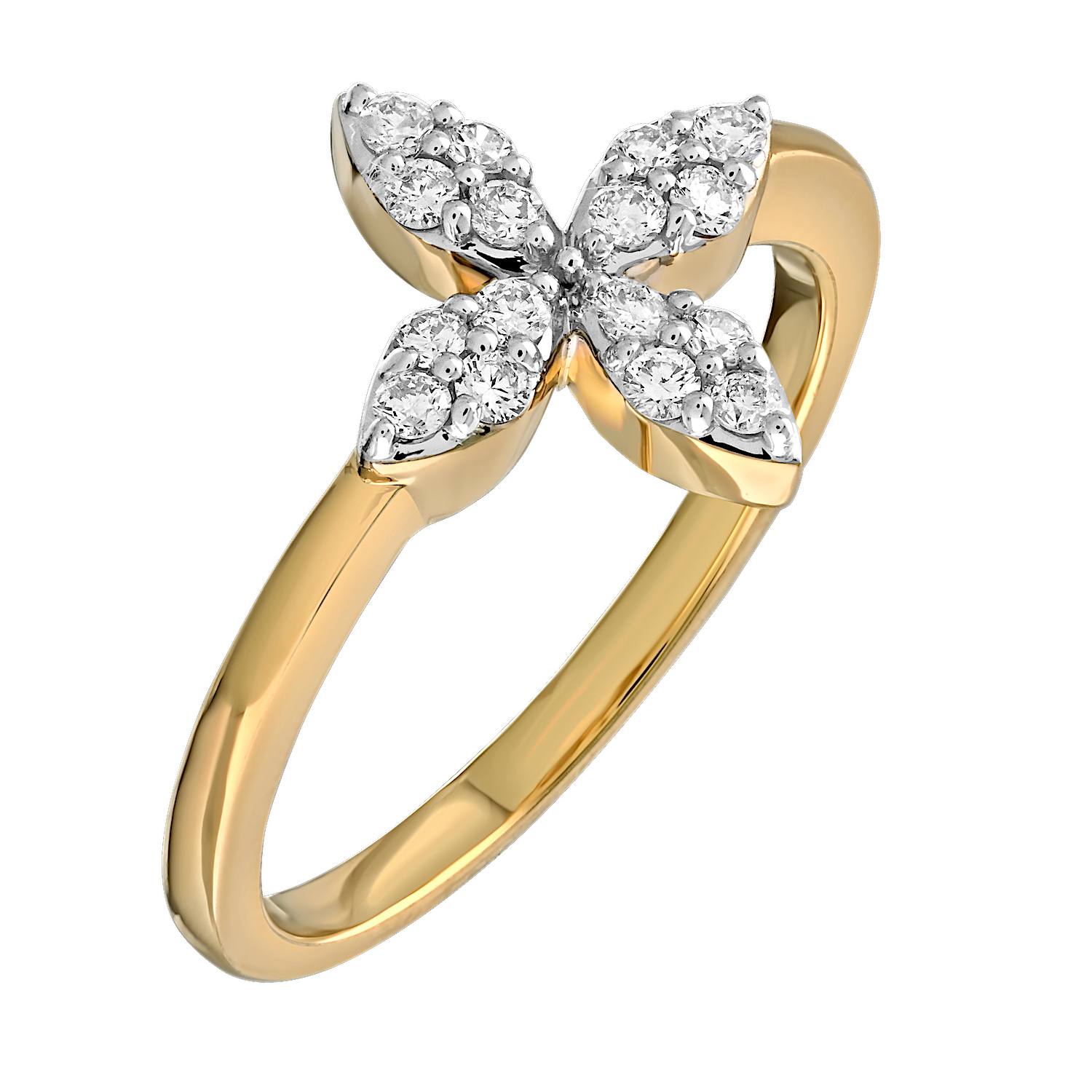 14K Yellow Gold Pave Set 4 Petals on Plain Shank Diamond Ring 0.24 Ctw