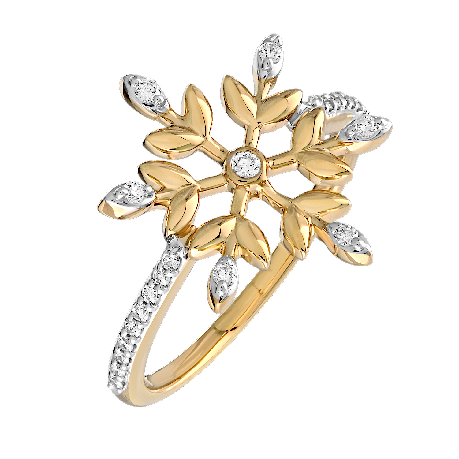 14K Yellow Gold 6 Spokes with Leaves Bezel Center Diamond Ring 0.17 Ctw