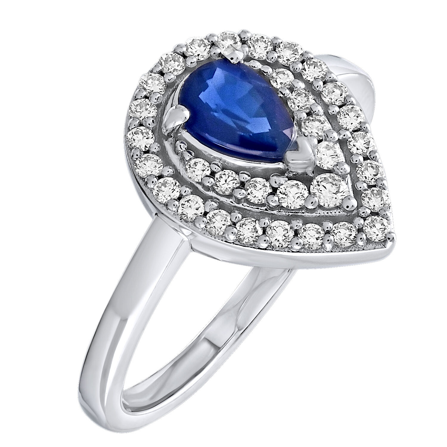 Majestic Gems&trade; 14k White Gold Pearshape Sapphire w/Double Halo Plain Shank Blue Sapphire & Diamond 0.87 Ctw