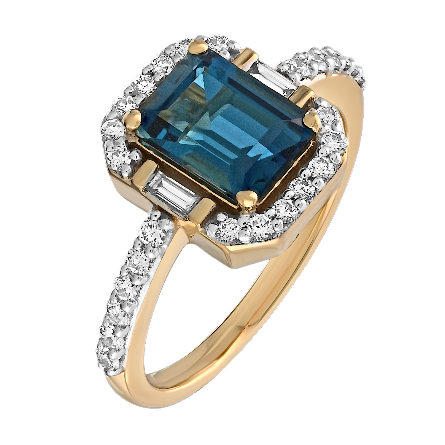 Majestic Gems&trade; 14k Yellow Gold Emerald Shape London Blue Topaz Halo Baguette on Sides & Shoulders Blue Topaz & Diamond 2.23 Ctw