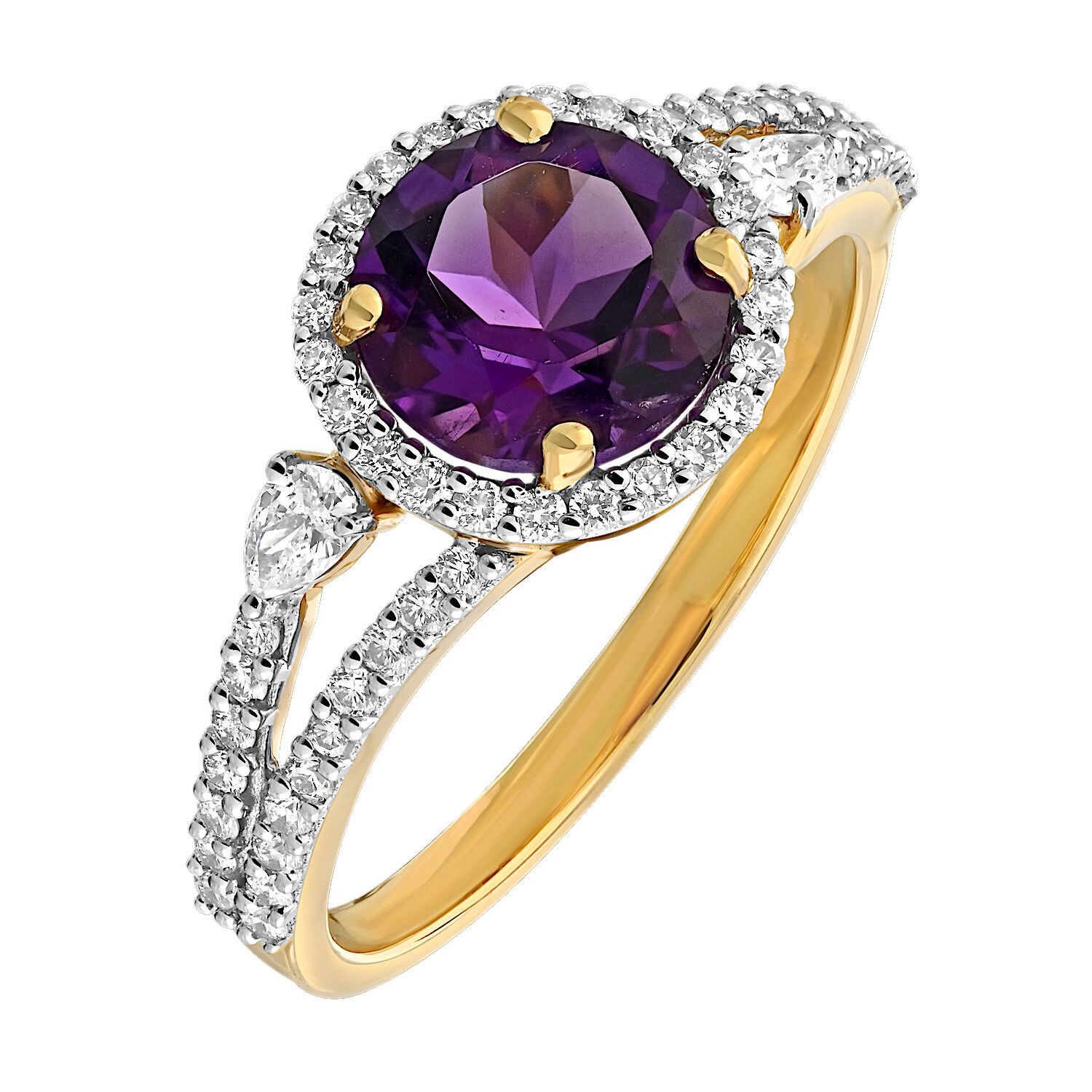 Majestic Gems&trade; 14k Yellow Gold Round Amethyst Halo Pear Shoulders Split Shank Amethyst & Diamond 1.65 Ctw