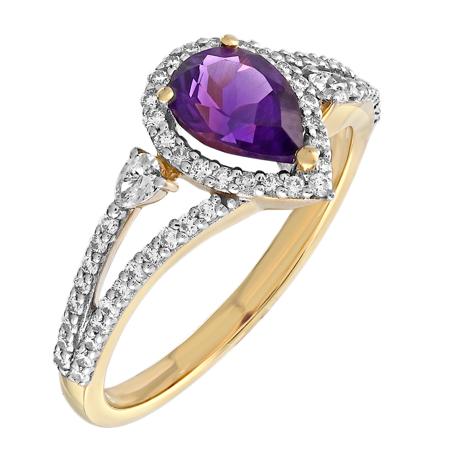 Majestic Gems&trade; 14k Yellow Gold Pear Shape Amethyst Halo Pear Shape Shoulders Split Shank Amethyst & Diamond 1.09 Ctw