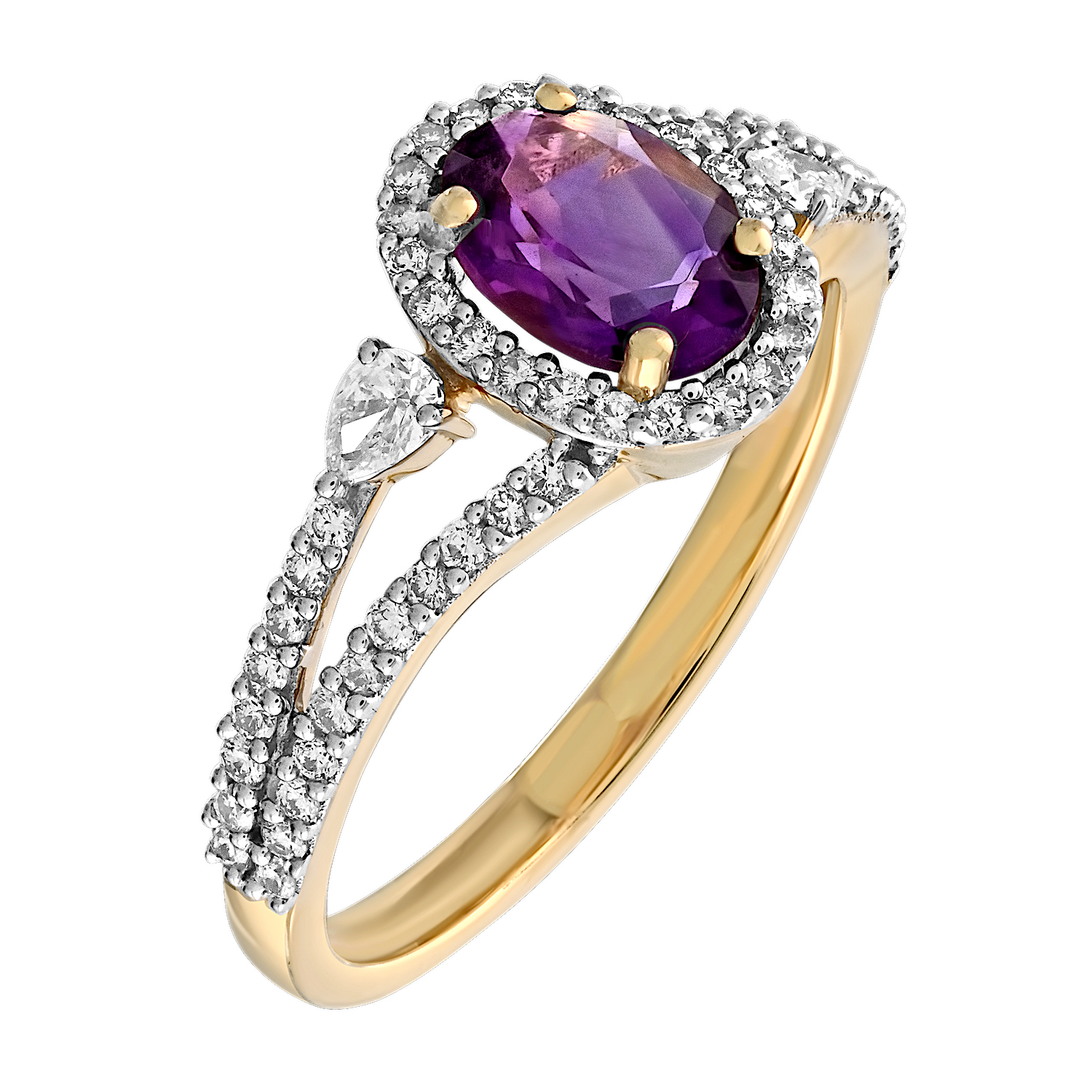 Majestic Gems&trade; 14k Yellow Gold Oval Amethyst Halo Pear Shape Shoulders Split Shank Amethyst & Diamond 1.08 Ctw