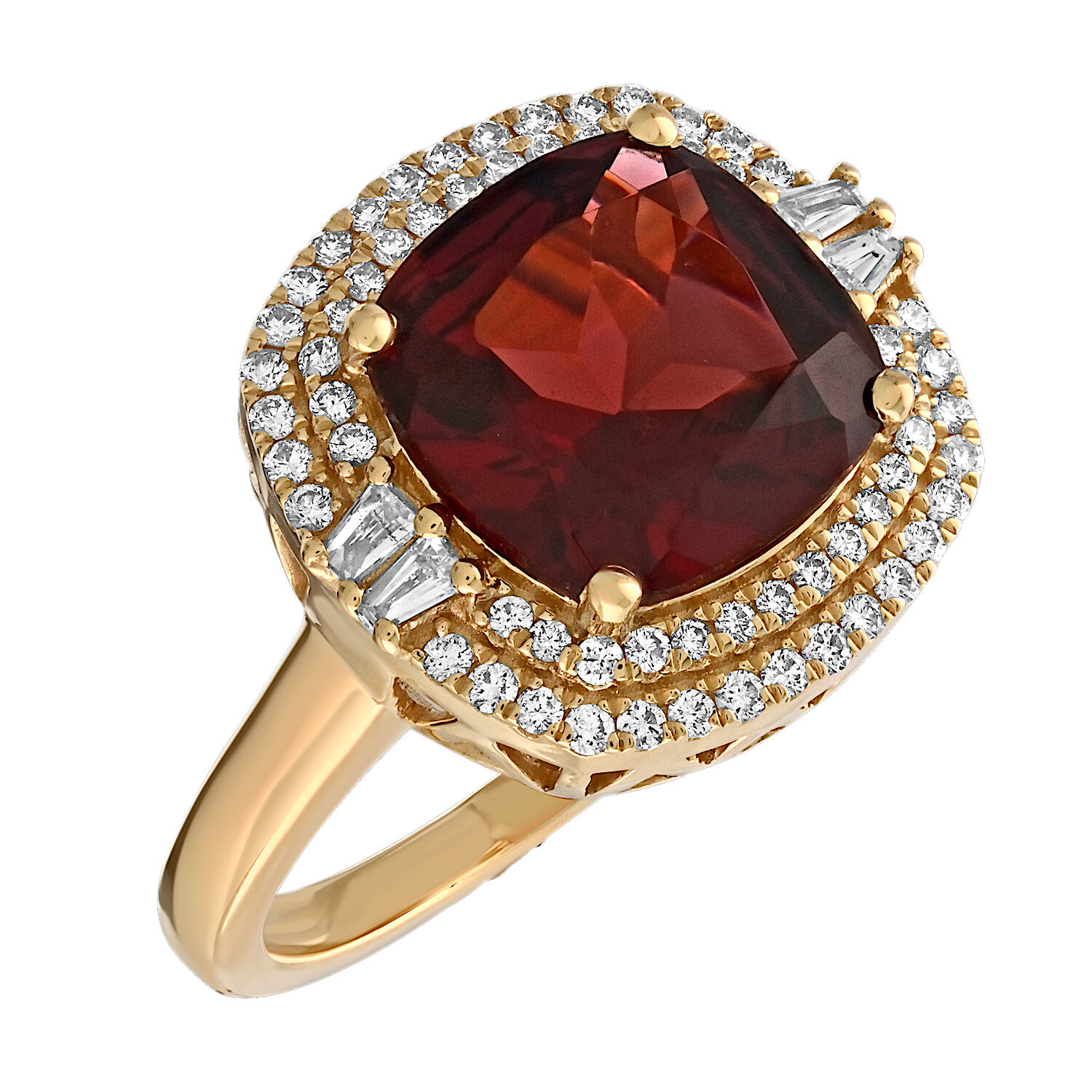 Majestic Gems&trade; 14k Yellow Gold Cushion Garnet Double Halo Baguette Shoulders Garnet & Diamond 4.45 Ctw