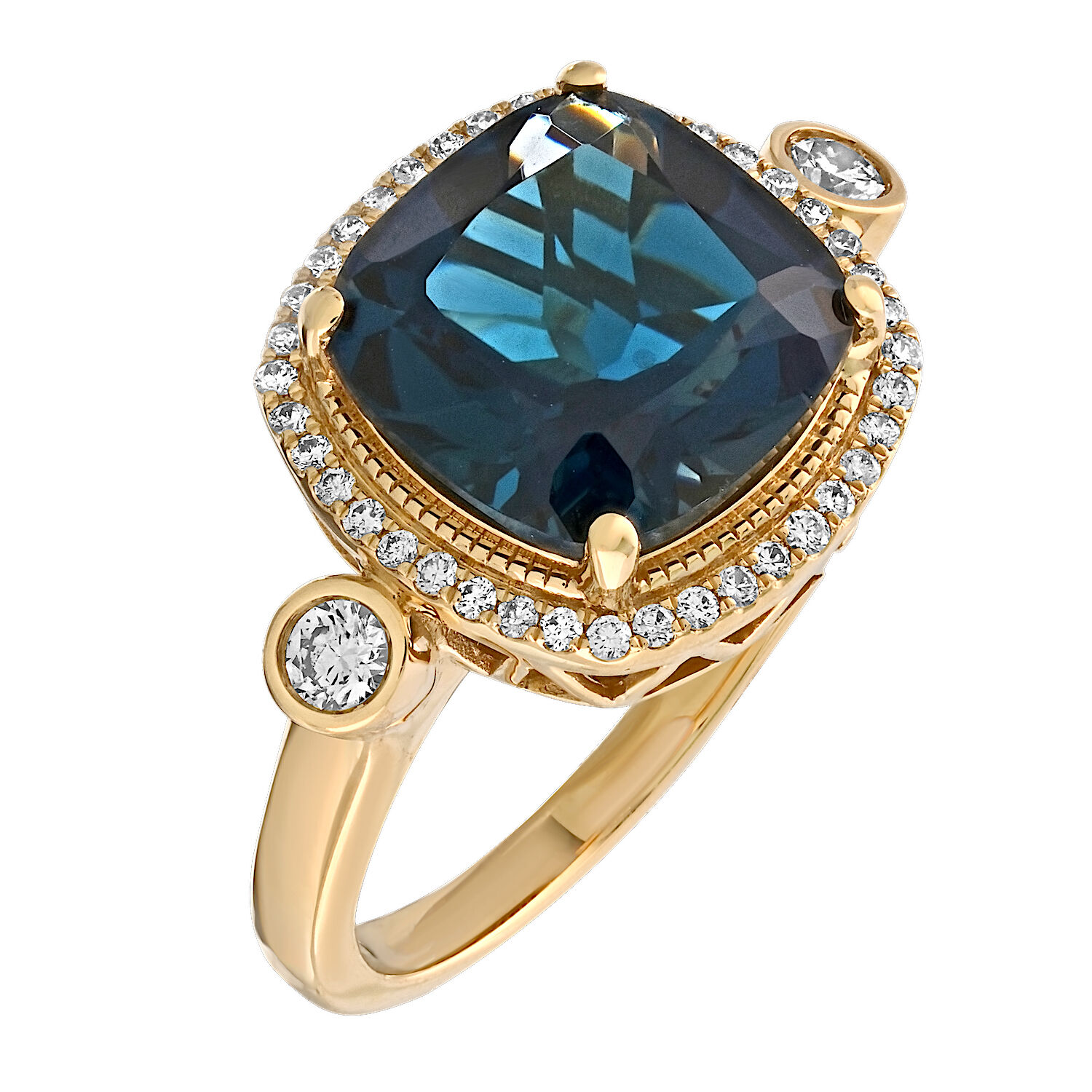 Majestic Gems&trade; 14k Yellow Gold Cushion Blue Topaz Halo Bezel Set Shoulders Blue Topaz & Diamond 5.25 Ctw
