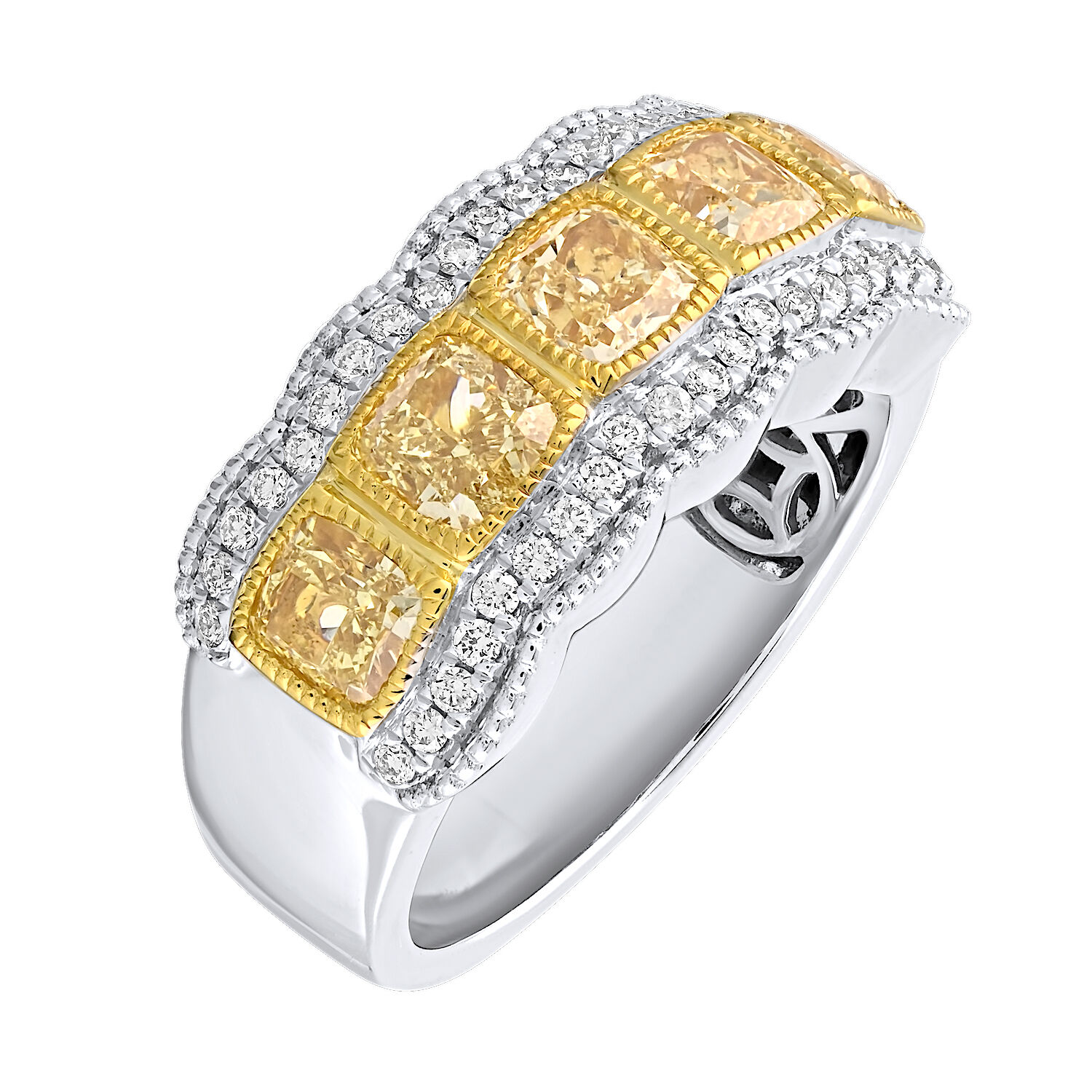 Canary Couture&trade; 14k Two Tone Ring 5 Yellow Dias Milgrain Halos with Milgrain Scalloped Edge 2.58 Ctw