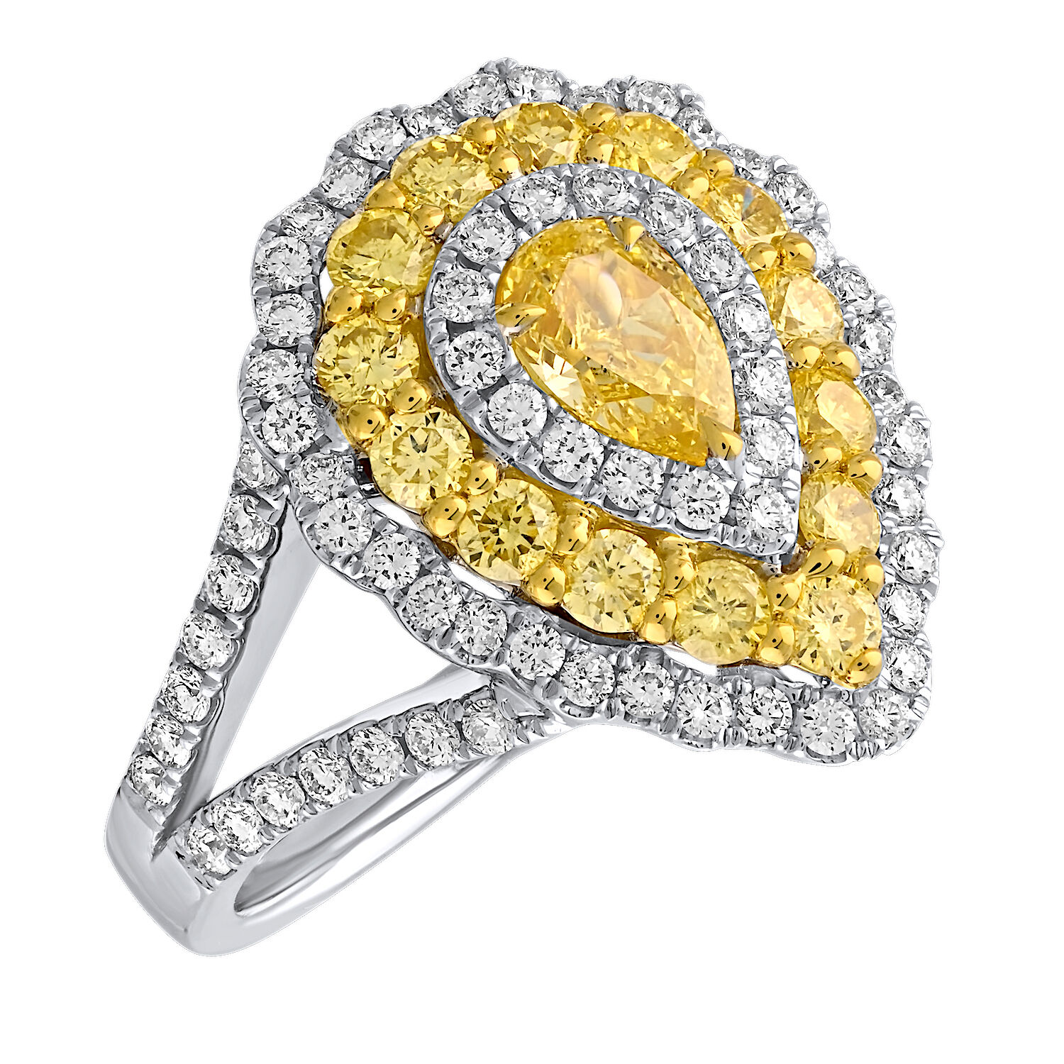 Canary Couture&trade; 14k Two Tone Ring Pear Shape Yellow Diamond with Yellow & White Diamond Triple Halo Scalloped Edge Split Shank 1.90 Ctw