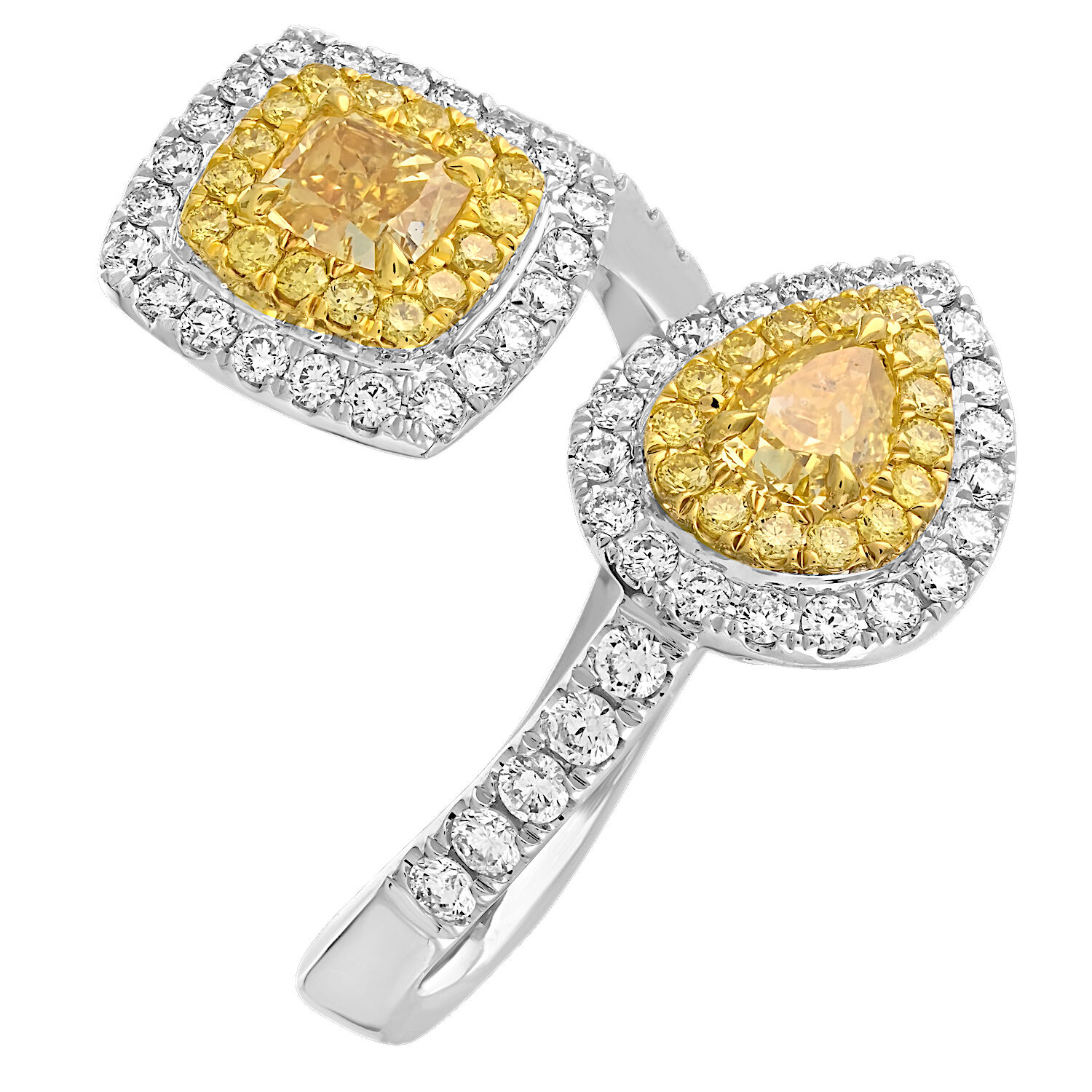 Canary Couture&trade; 14k Two Tone Ring Pear Shape & Cushion Bypass Yellow & White Double Halo's 1.94 Ctw