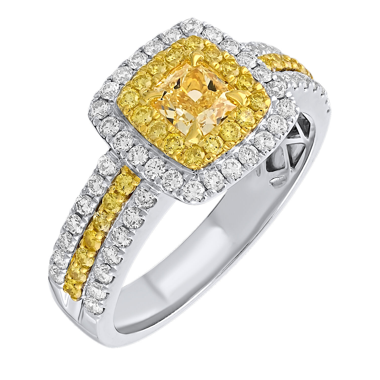 Canary Couture&trade; 14k Two Tone Ring Yellow Cushion Diamond with Yellow & White Double Halo Triple Row Shoulders 1.22 Ctw