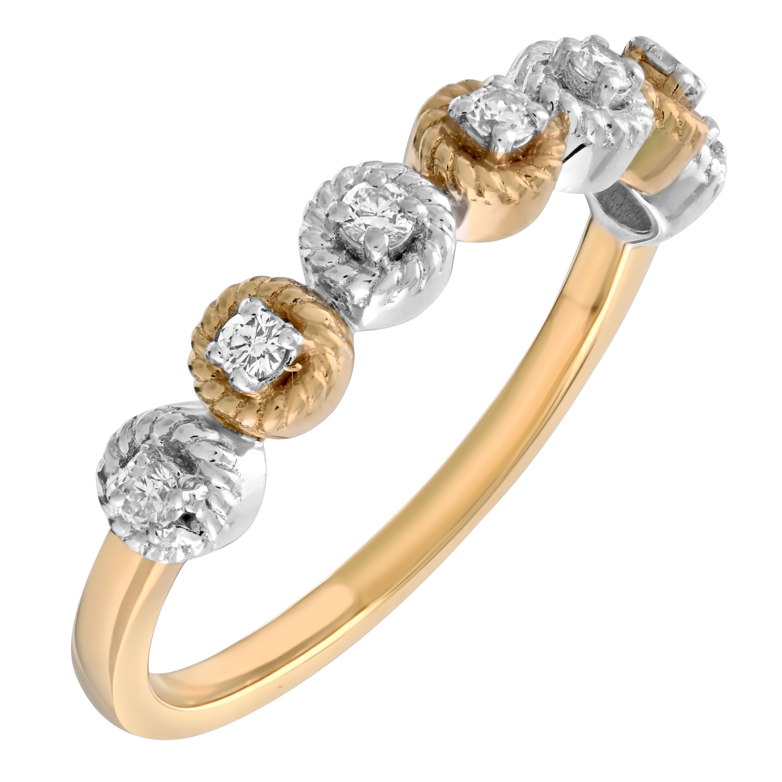 10K Two Tone Twisted Settings 7 Stations Diamond Ring 0.14 Ctw