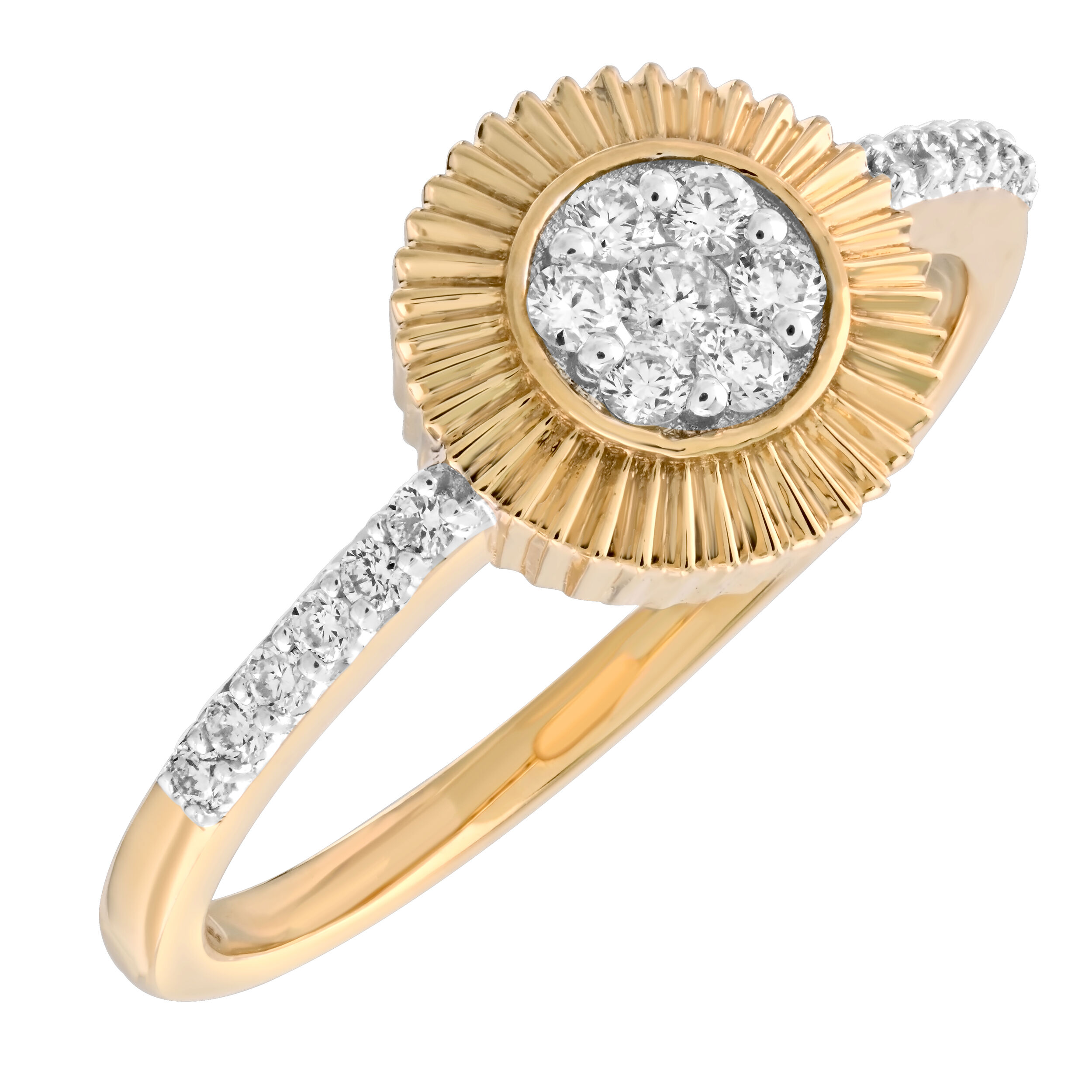 10K Yellow Gold Cluster Center Fluted Surround Diamond Ring 0.21 Ctw