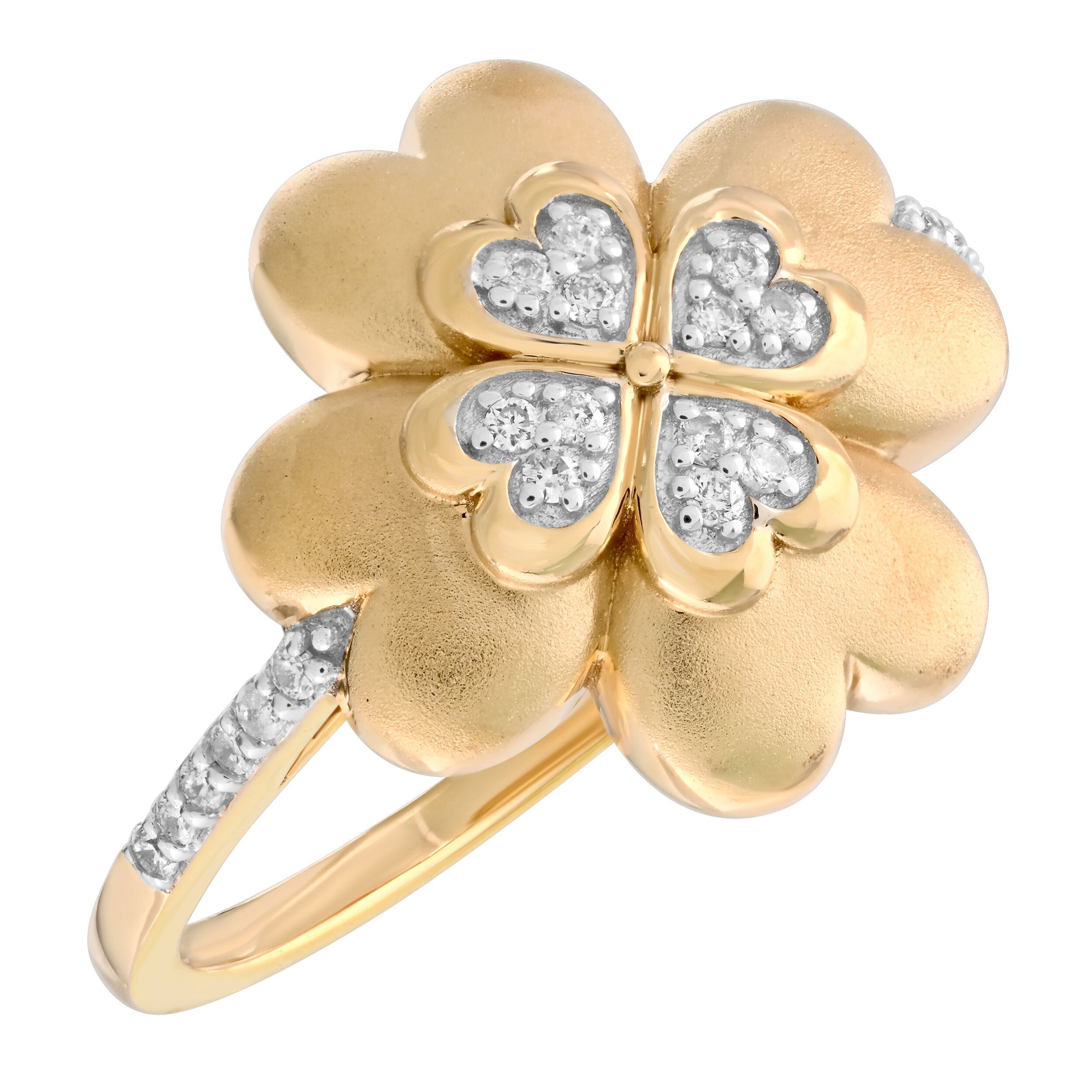 10K Yellow Gold 4 Leaf Clover with Hearts Diamond Ring 0.12 Ctw