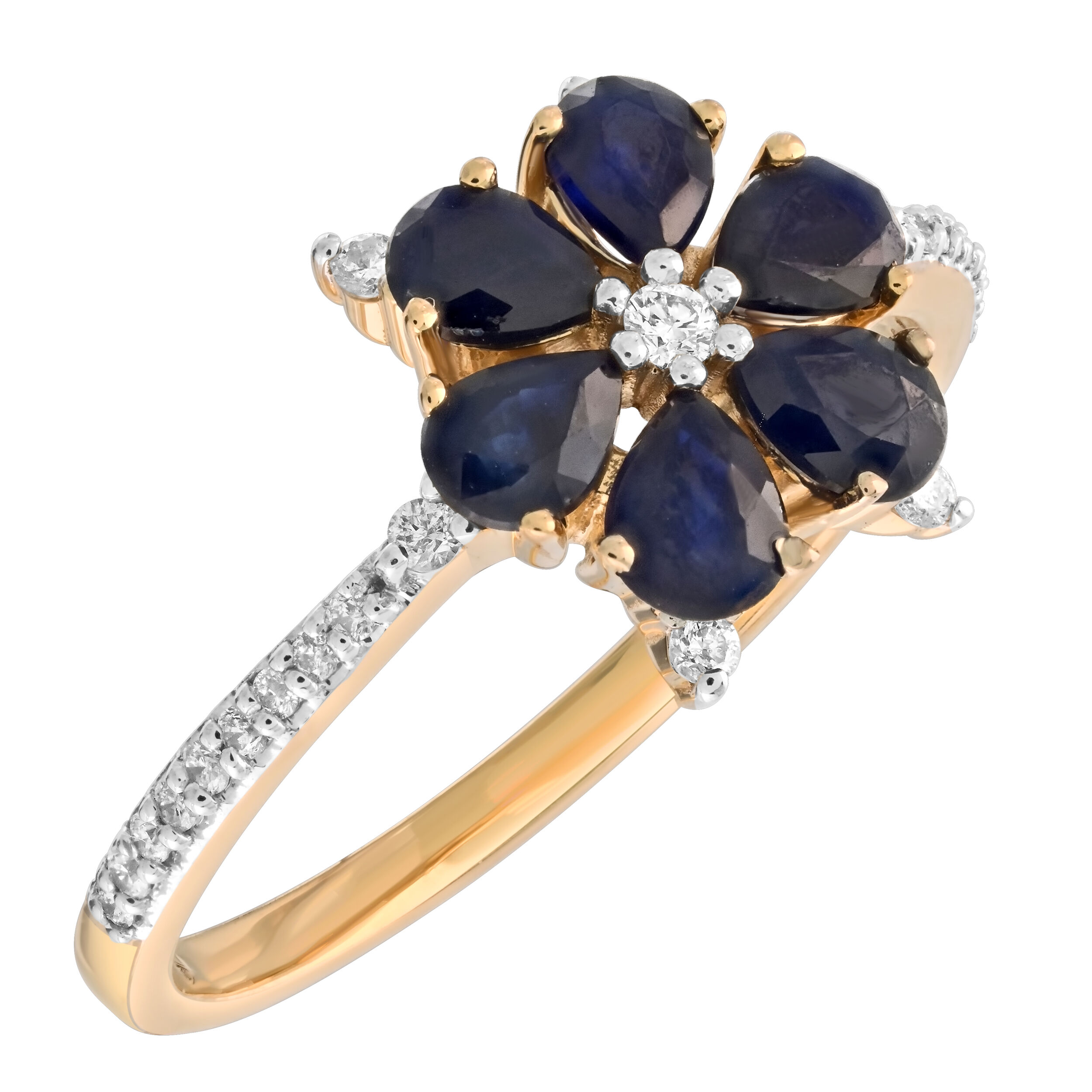 Majestic Gems&trade; 10k Yellow Gold Pear Shape Sapphire Flower Blue Sapphire & Diamond 1.10 Ctw