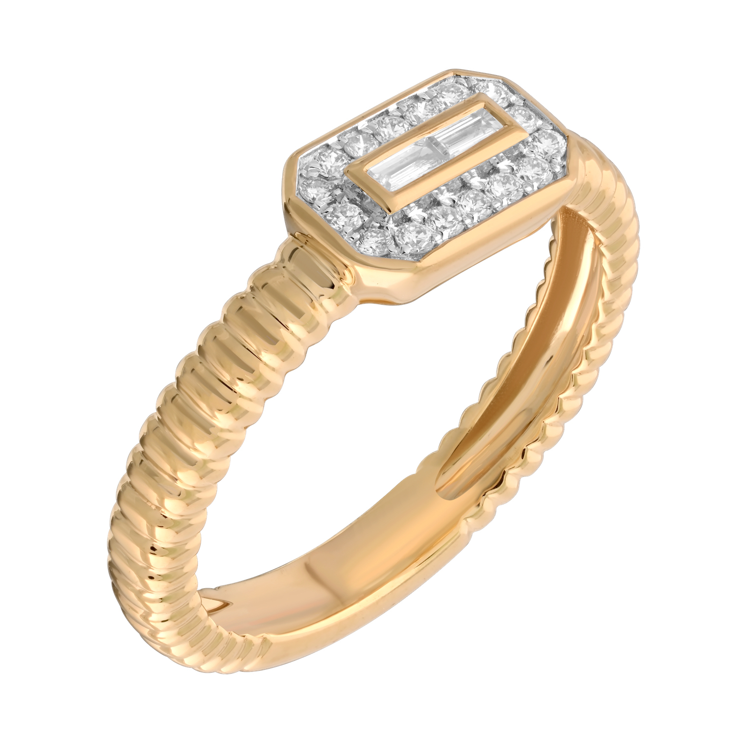 14K Yellow Gold Bezel Emerald Cut Center w/Halo Ribbed Shank Diamond Ring 0.15 Ctw