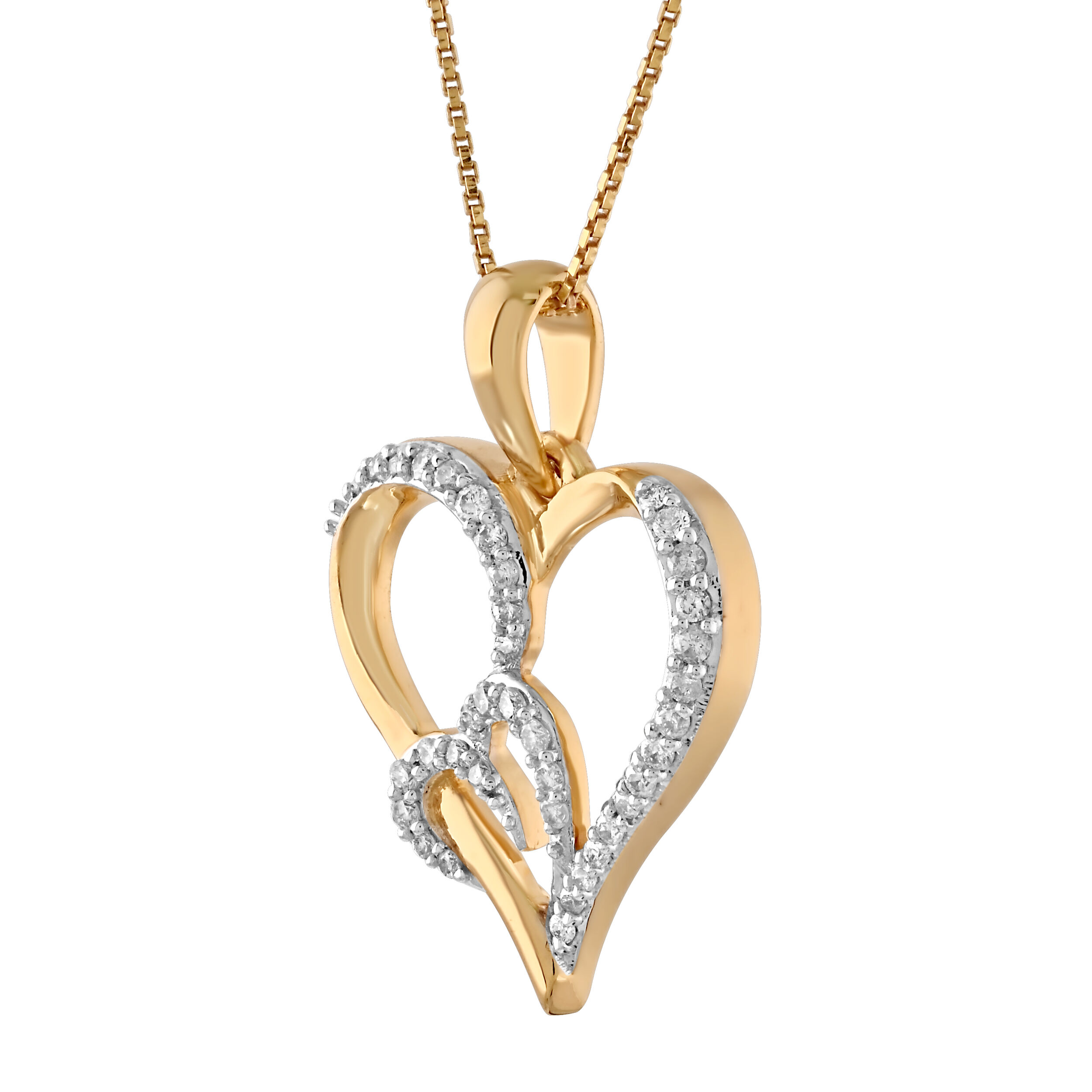 10K Yellow Gold Intertwined Hearts Polished & Pave Diamond Pendant 0.15 Ctw