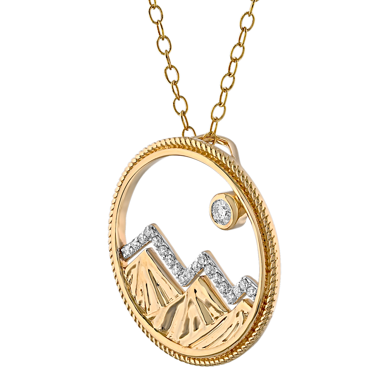Diamond Peak&trade; 14K Yellow Gold Pendant Cutout with Twisted Wire Circle Pave Mountain Peaks Bezel Set Diamond Diamond 0.11 Ctw