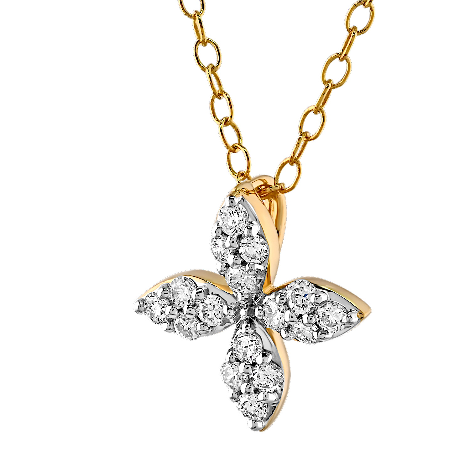 14K Yellow Gold Pave Set 4 Petals Hidden Bail Diamond Pendant 0.24 Ctw