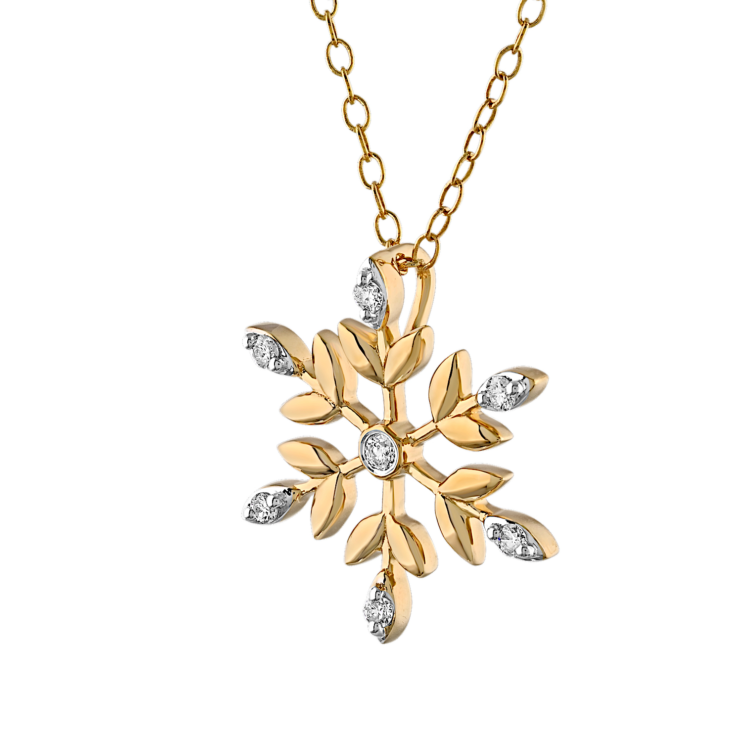 14K Yellow Gold 6 Spokes with Leaves Bezel Center Diamond Pendant 0.11 Ctw