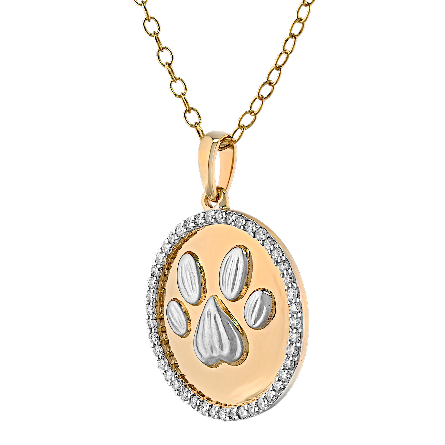 ZooLightful&trade; 14K Two Tone Round Disc with W/G Dog Paw Diamond Edge Pendant Diamond 0.20 Ctw