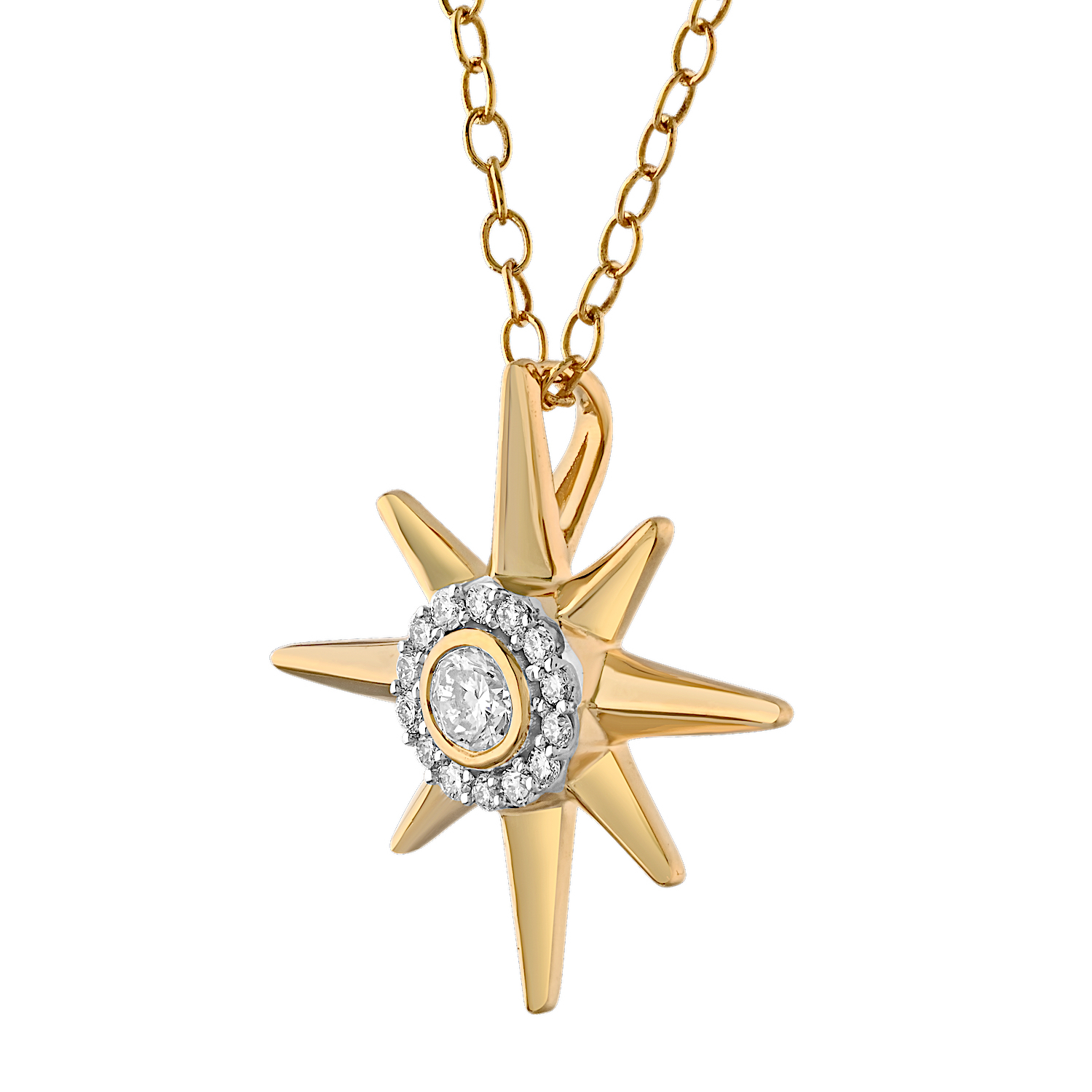 14K Yellow Gold Northern Star with Bezel Center Hidden Bail Diamond Pendant 0.15 Ctw