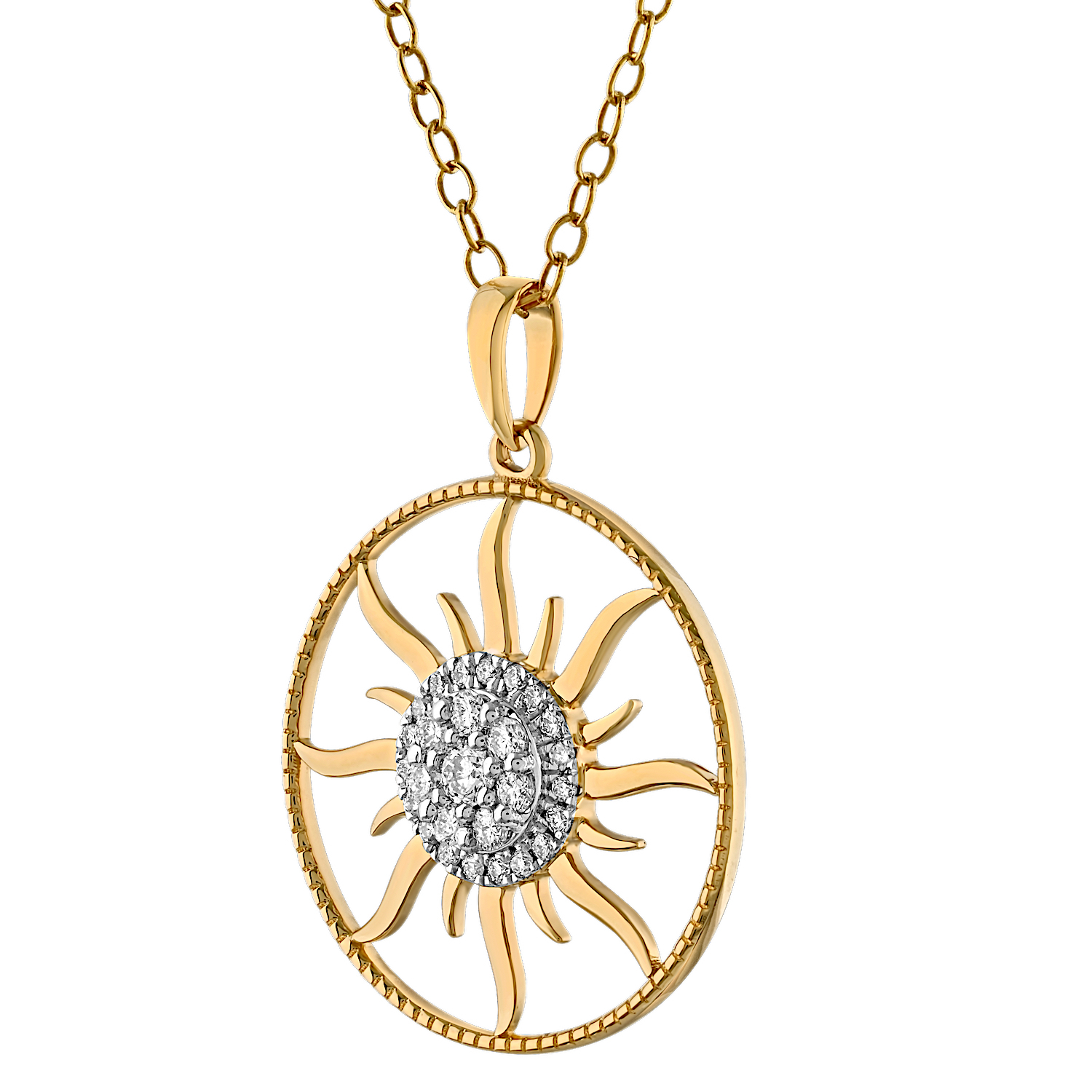 14K Yellow Gold Cutout with Sun Pave Center Diamond Pendant 0.19 Ctw