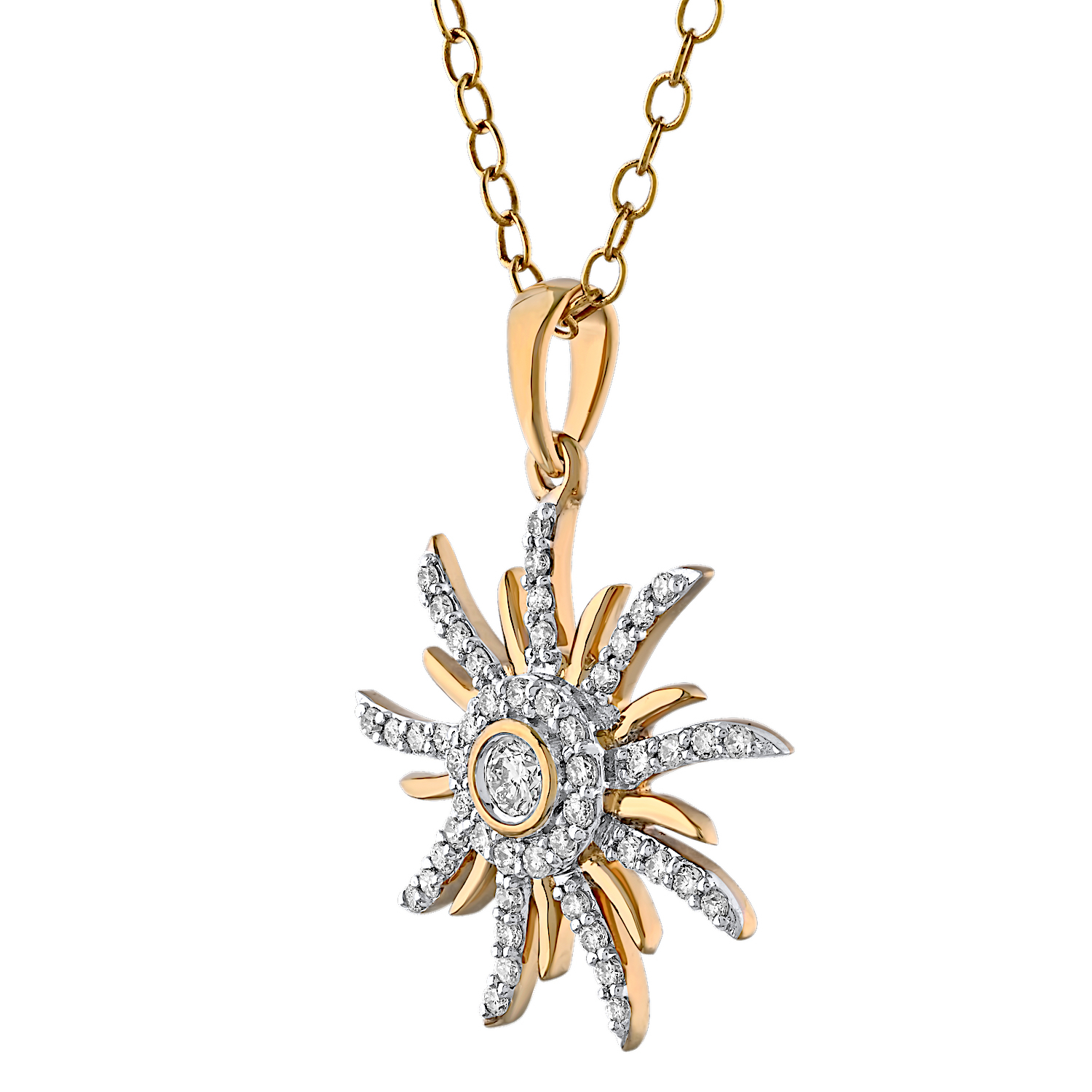 14K Yellow Gold Pave Pinwheel Bezel Center Diamond Pendant 0.27 Ctw