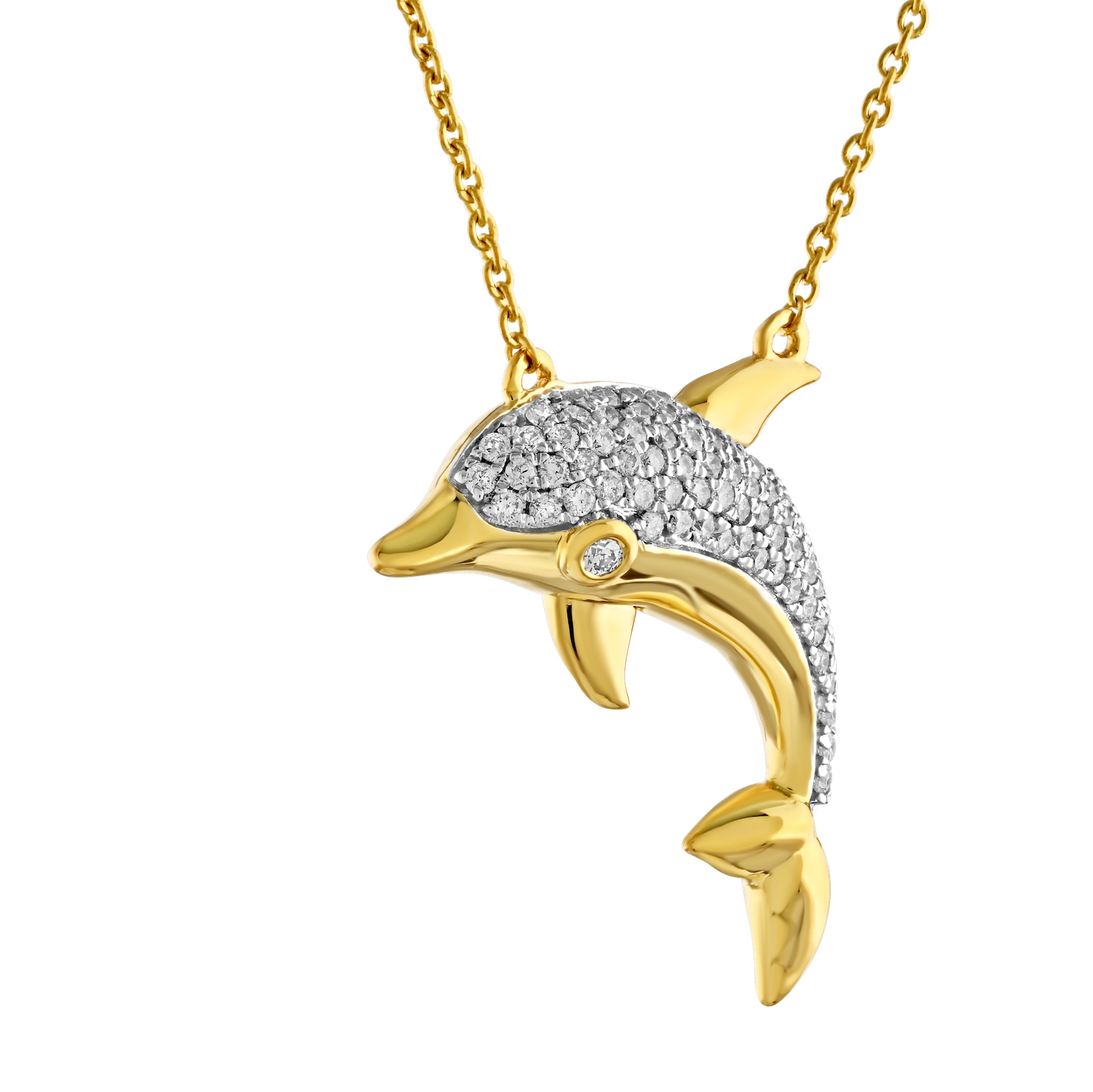Oceanity&trade; 14K Yellow Gold Pendant Pave Dolphin Moveable Flippers Hidden Bail Diamond 0.26 Ctw