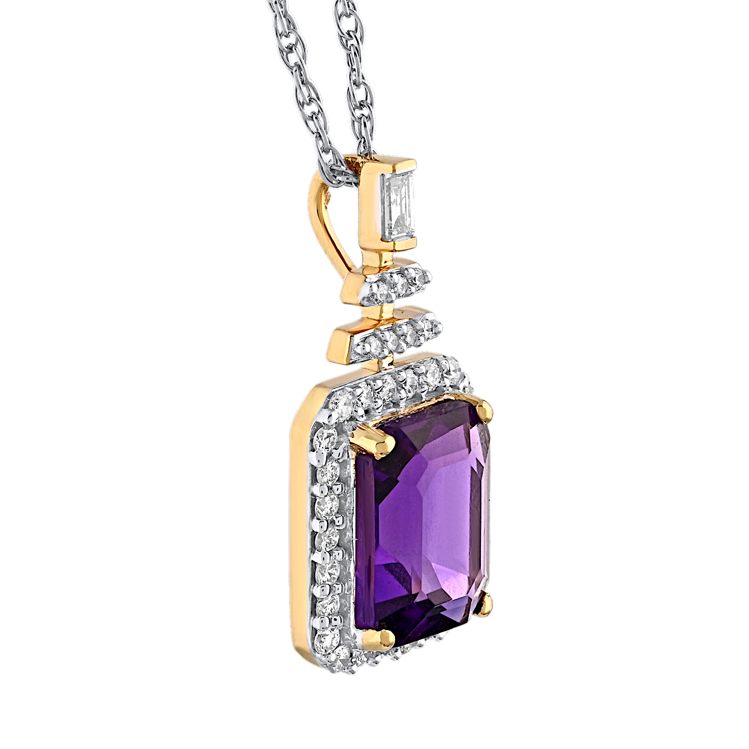 Majestic Gems&trade; 14k Yellow Gold Emerald Shape Amethyst Halo Baguette Bail Amethyst & Diamond 1.68 Ctw