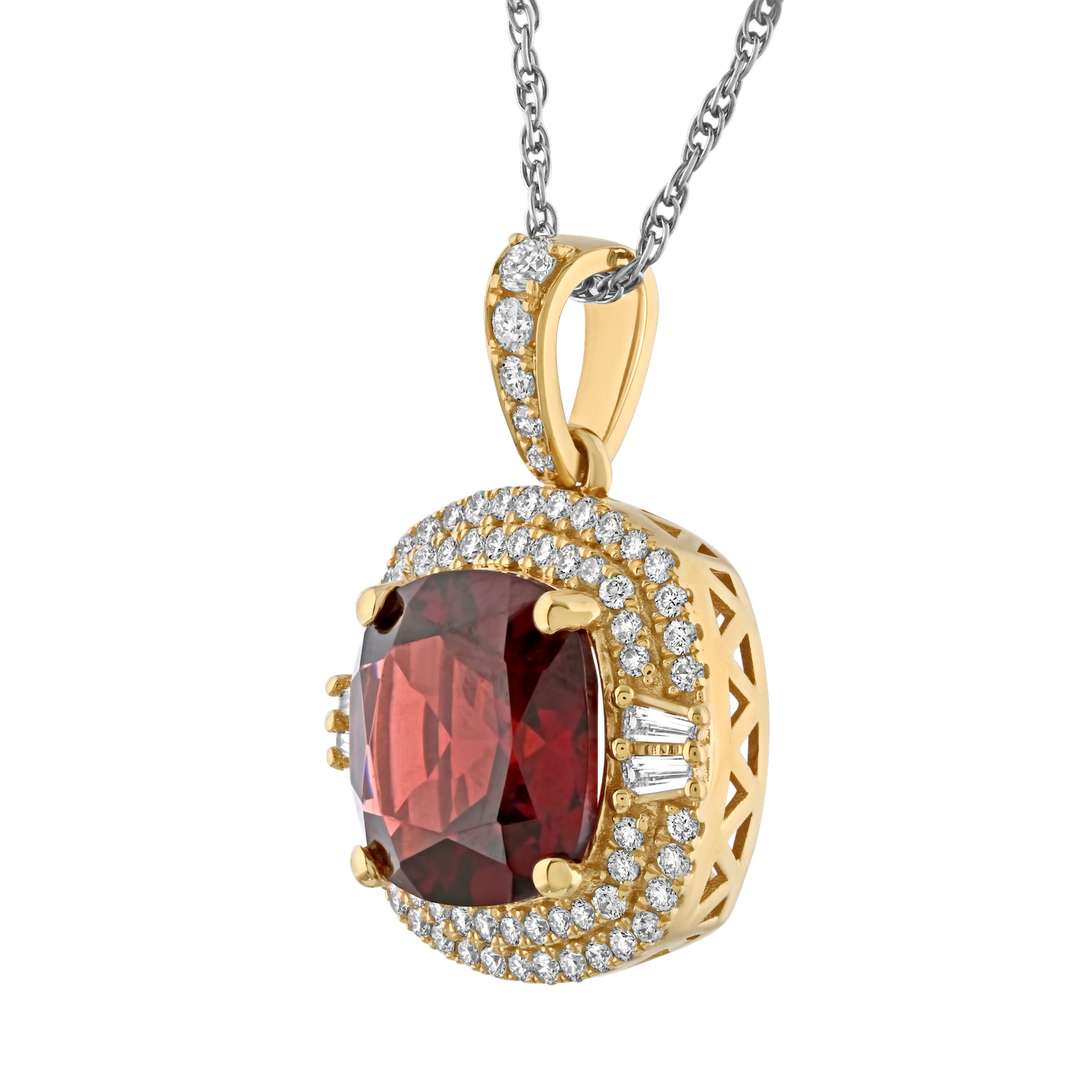 Majestic Gems&trade; 14k Yellow Gold Cushion Garnet Double Halo Baguettes on Side Garnet & Diamond 5.12 Ctw