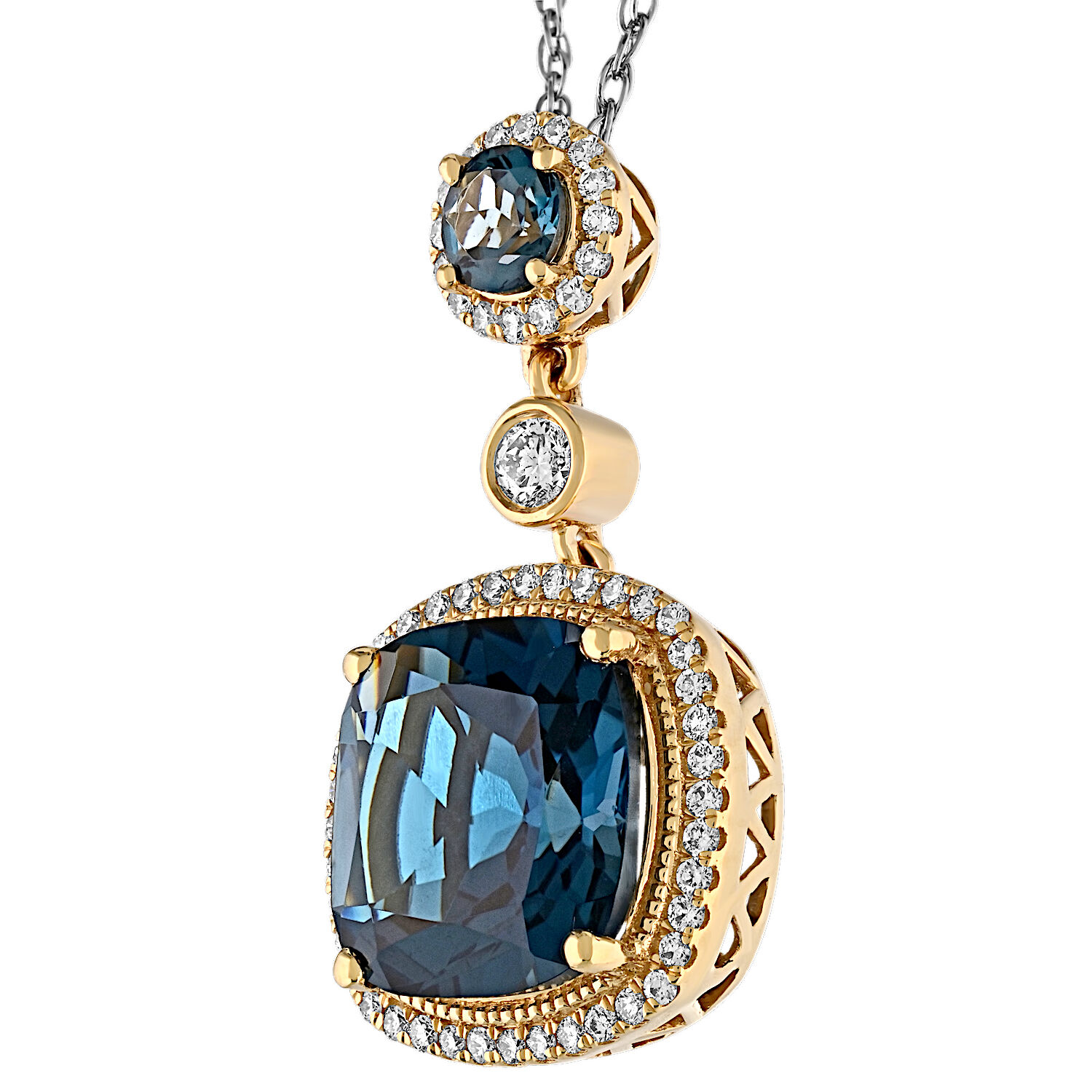 Majestic Gems&trade; 14k Yellow Gold Cushion Blue Topaz Halo w/Round Halo and Bezel Set Diamond Blue Topaz & Diamond 4.98 Ctw