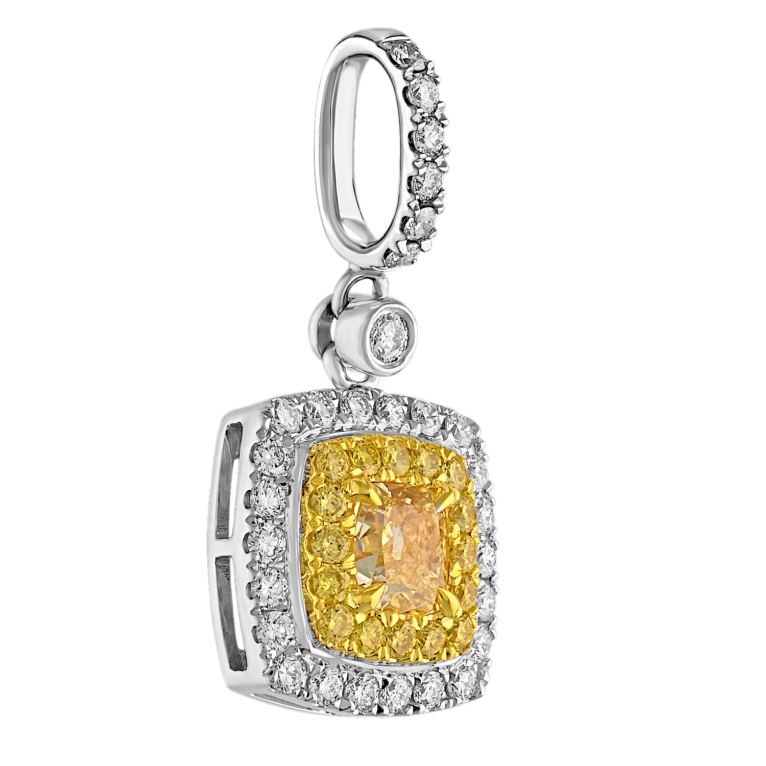 Canary Couture&trade; 14k Two Tone Pendant Yellow Cushion with Yellow & White Double Halo 0.98 Ctw