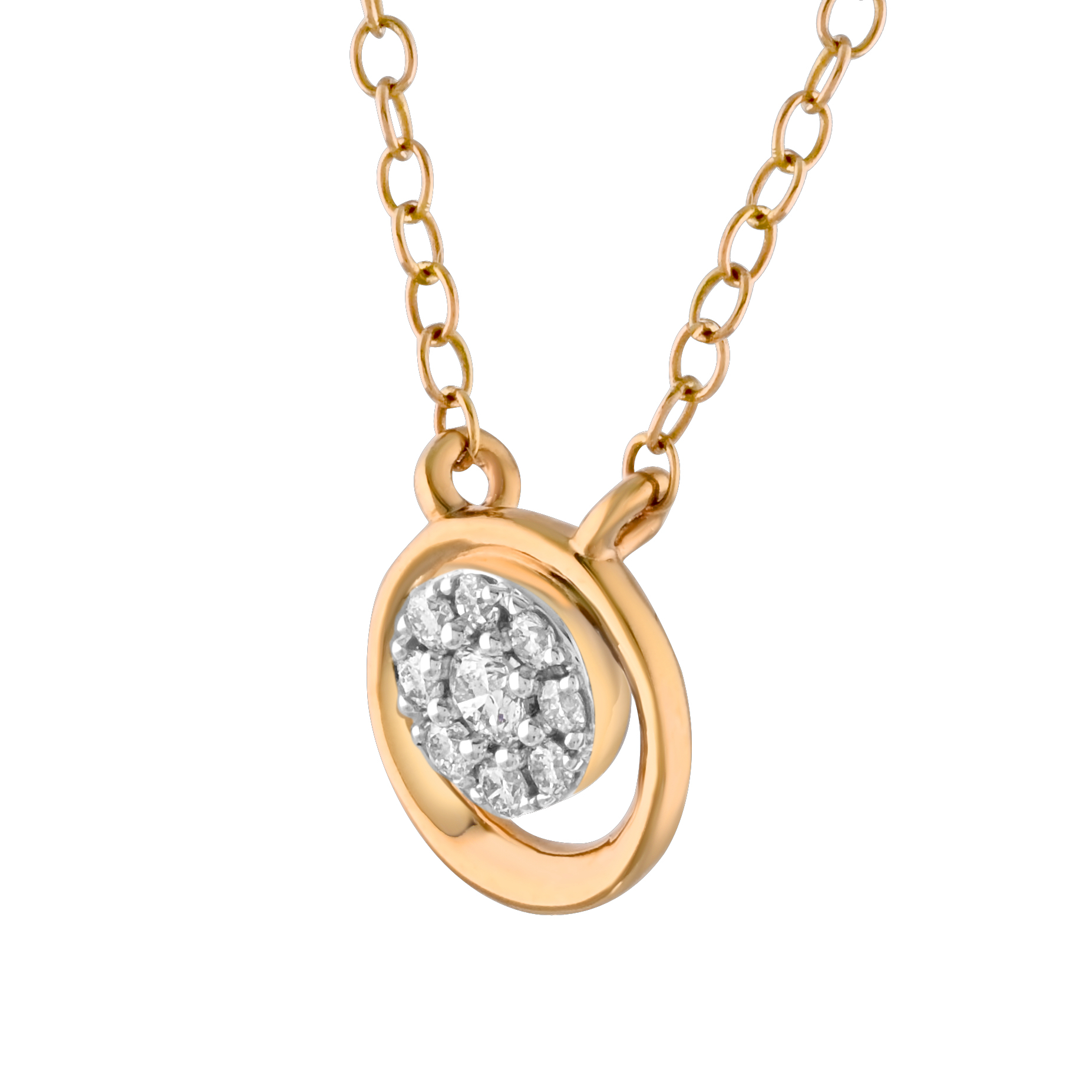 10K Yellow Gold Round Shape Pave Inside Polished Frame Diamond Necklace 0.10 Ctw