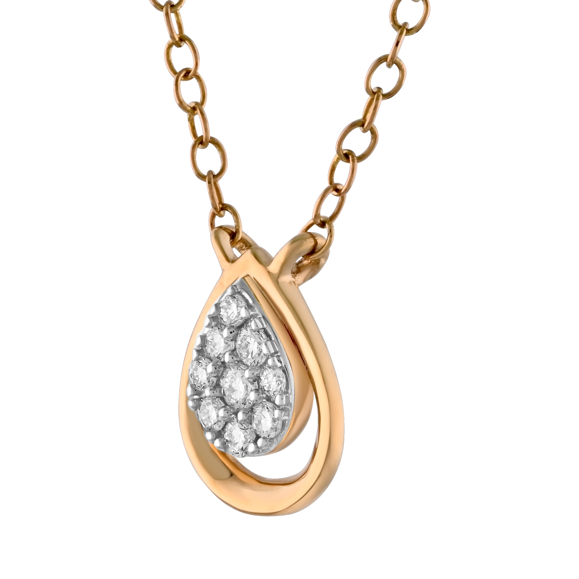10K Yellow Gold Pear Shape Pave Inside Polished Frame Diamond Necklace 0.10 Ctw