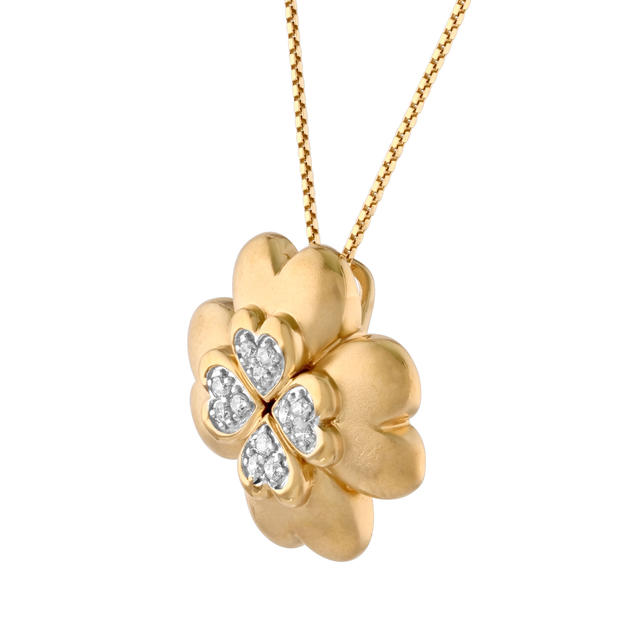 10K Yellow Gold 4 Leaf Clover with Hearts Diamond Necklace 0.10 Ctw