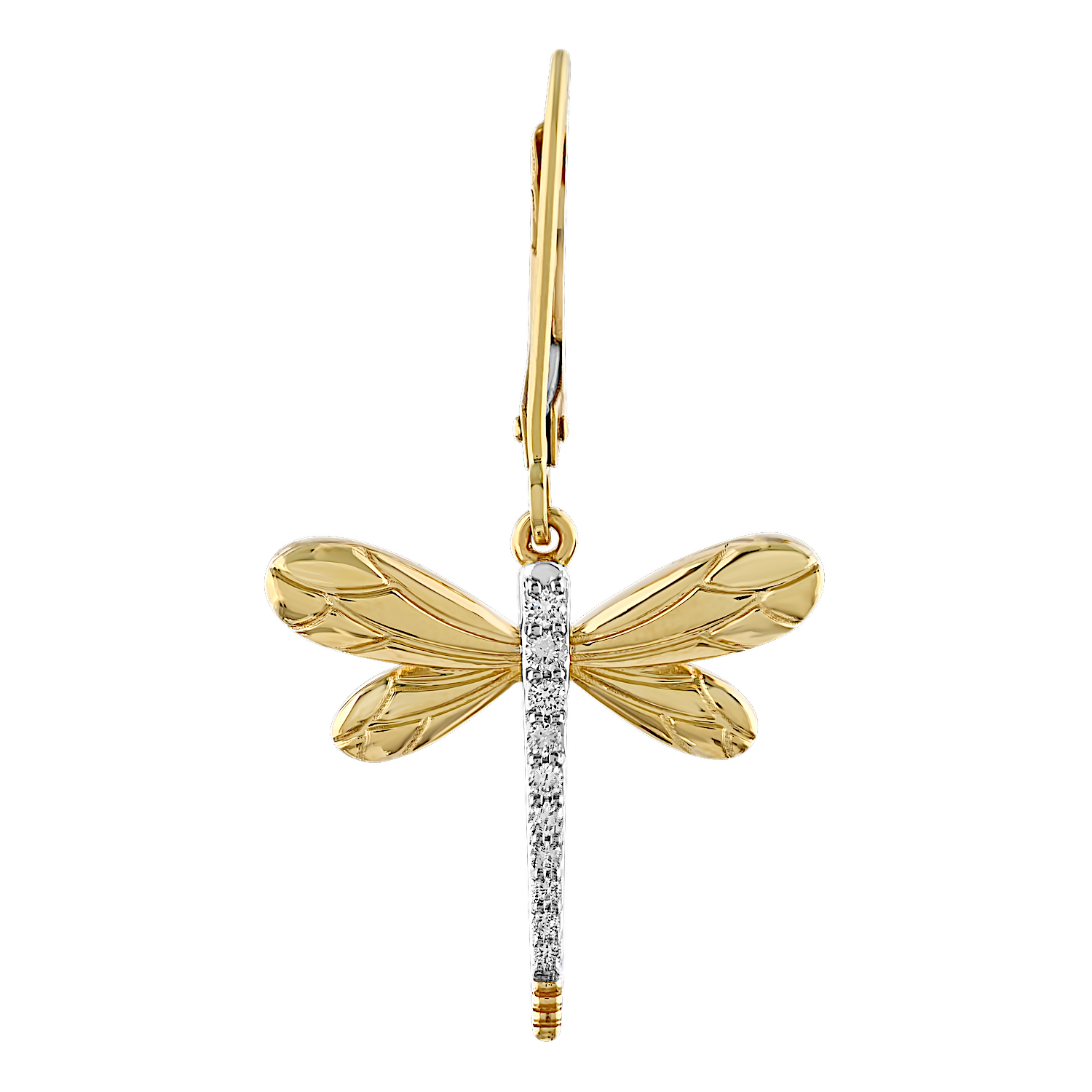 ZooLightful&trade; 14K Yellow Gold Dragonfly with Pave Body on Lever-Backs Earrings Diamond 0.15 Ctw