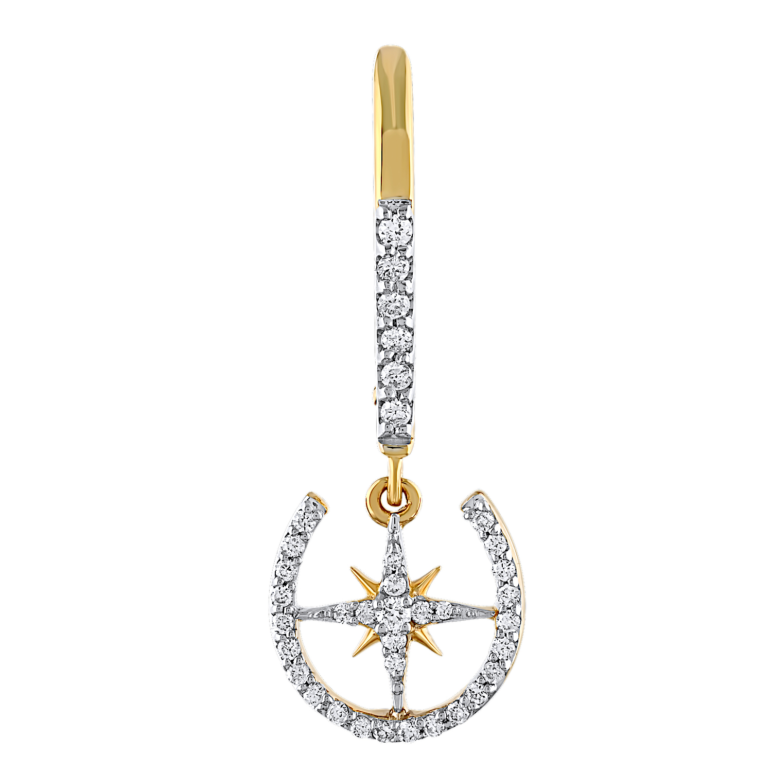 14K Yellow Gold Pave Horseshoe with North Star Drops on Diamond Set Lever-Back Diamond Earrings 0.39 Ctw