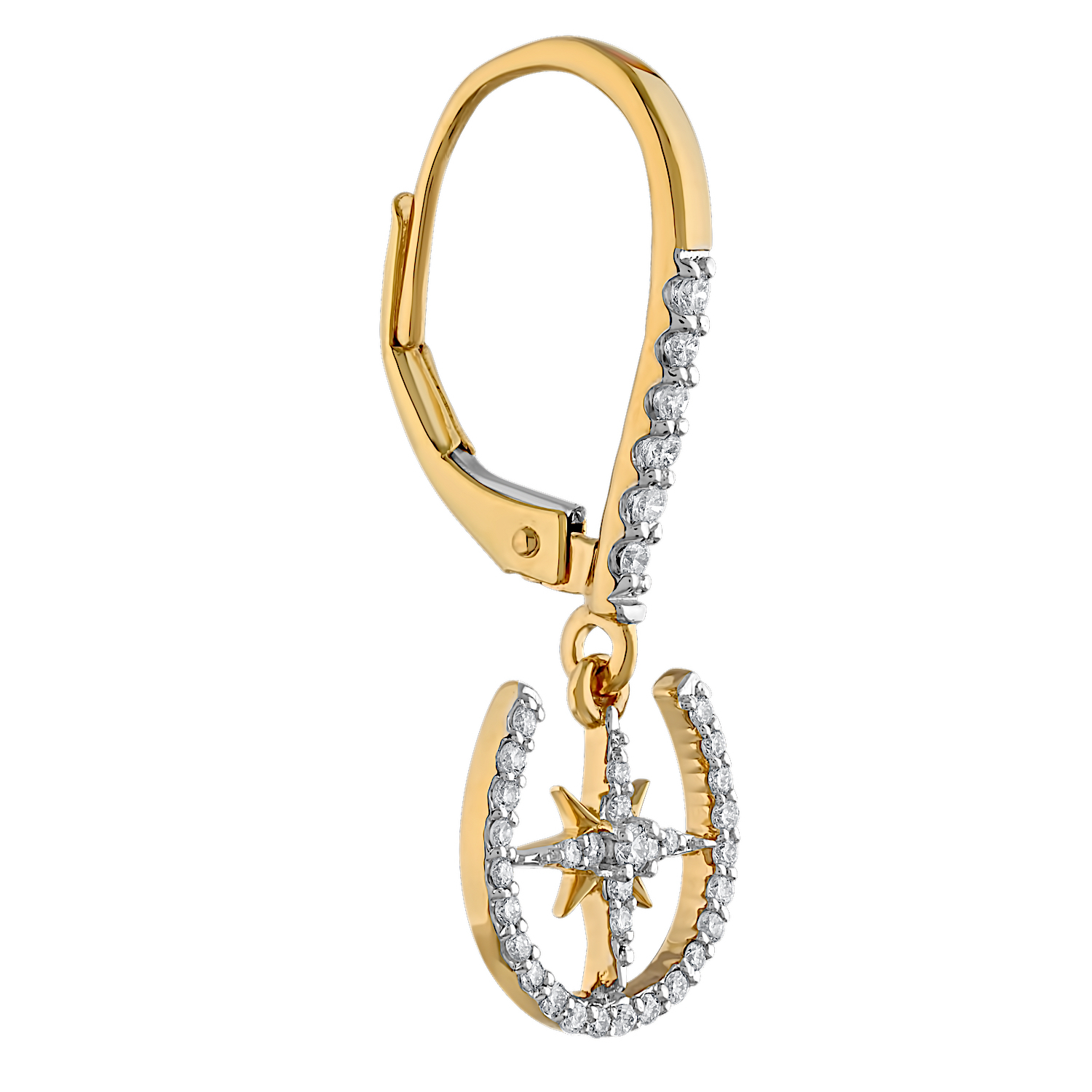 14K Yellow Gold Pave Horseshoe with North Star Drops on Diamond Set Lever-Back Diamond Earrings 0.39 Ctw