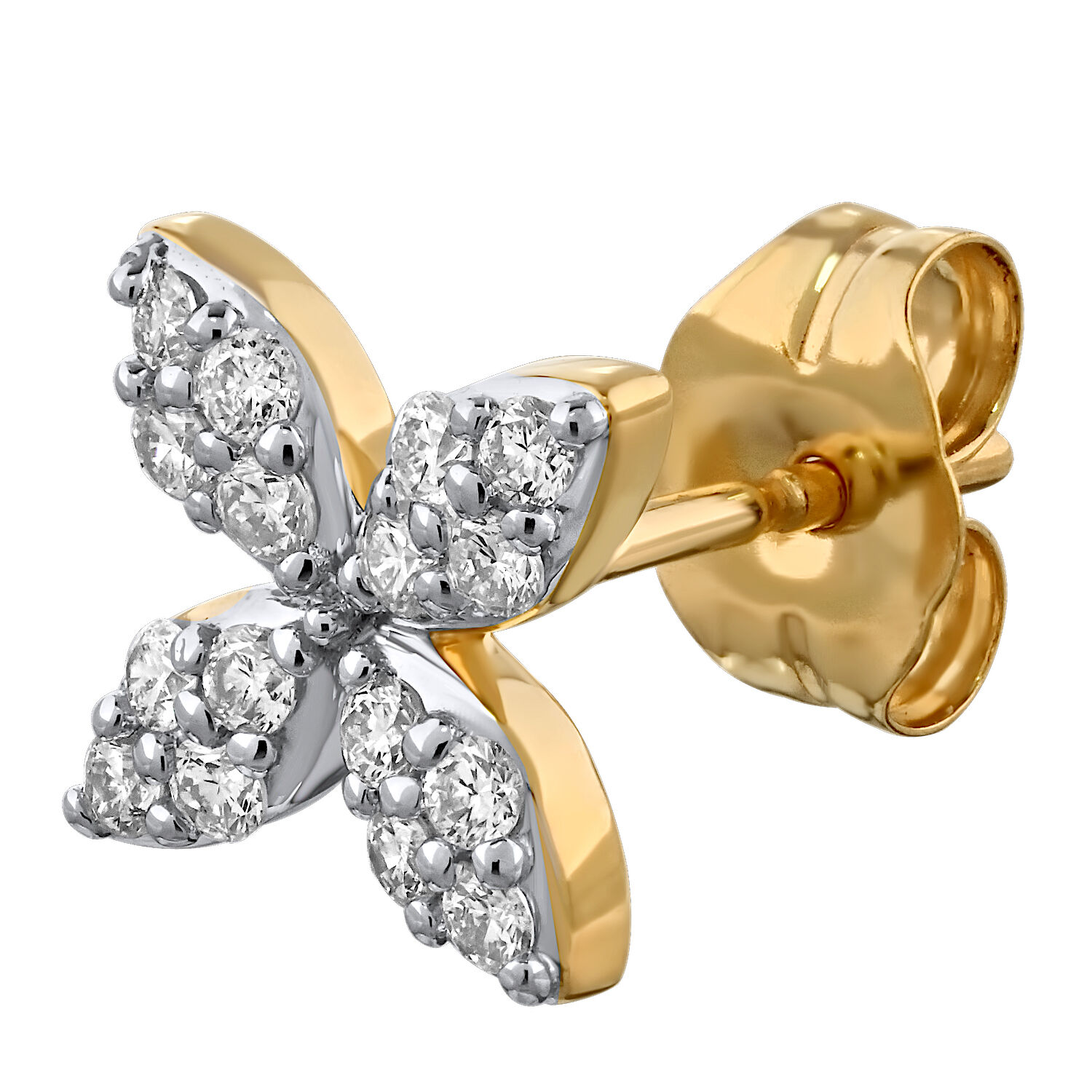 14K Yellow Gold Pave Set 4 Petals Studs Diamond Earrings 0.26 Ctw