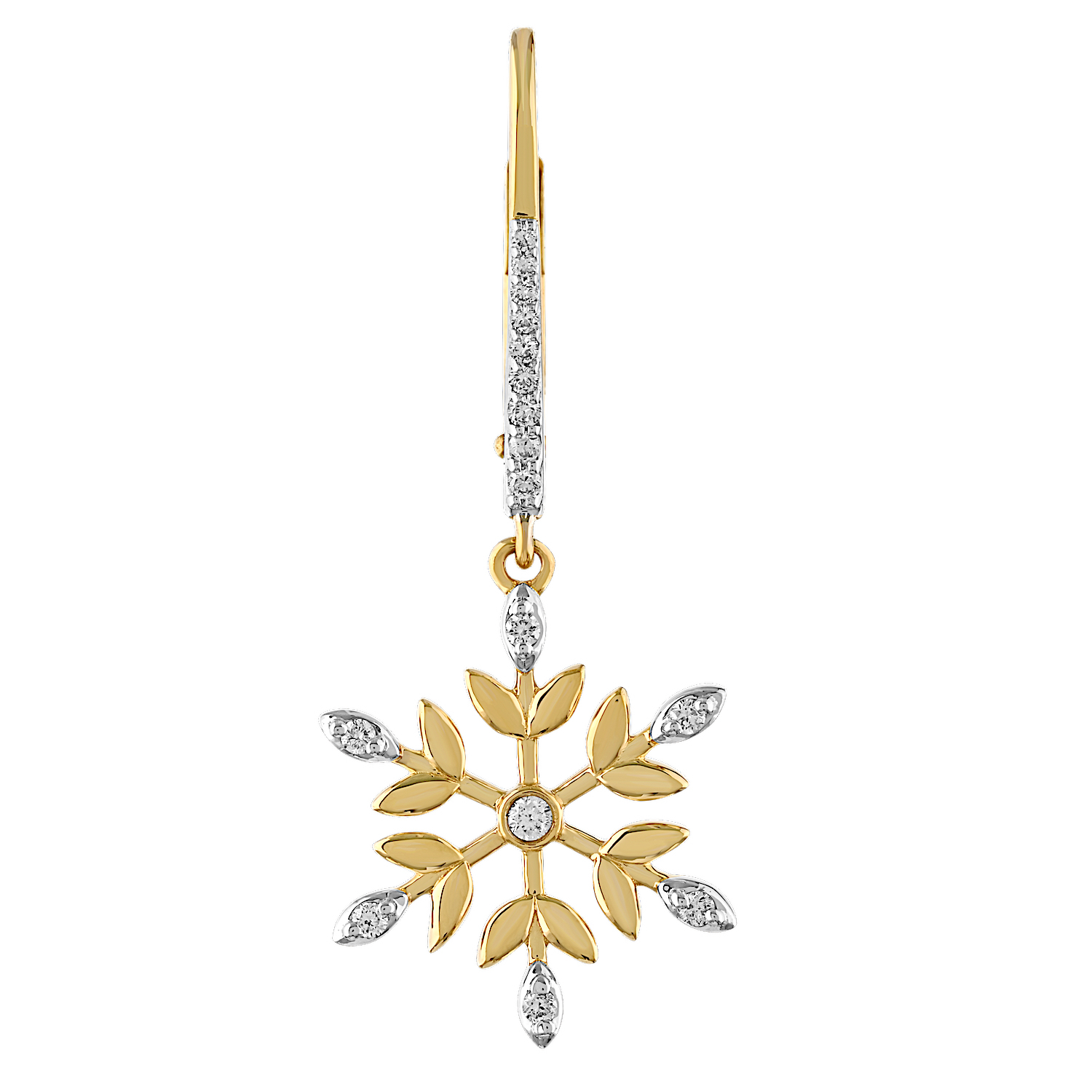 14K Yellow Gold Earrings 6 Spokes with Leaves Bezel Center Drop on Diamond Set Bars Diamond 0.22 Ctw