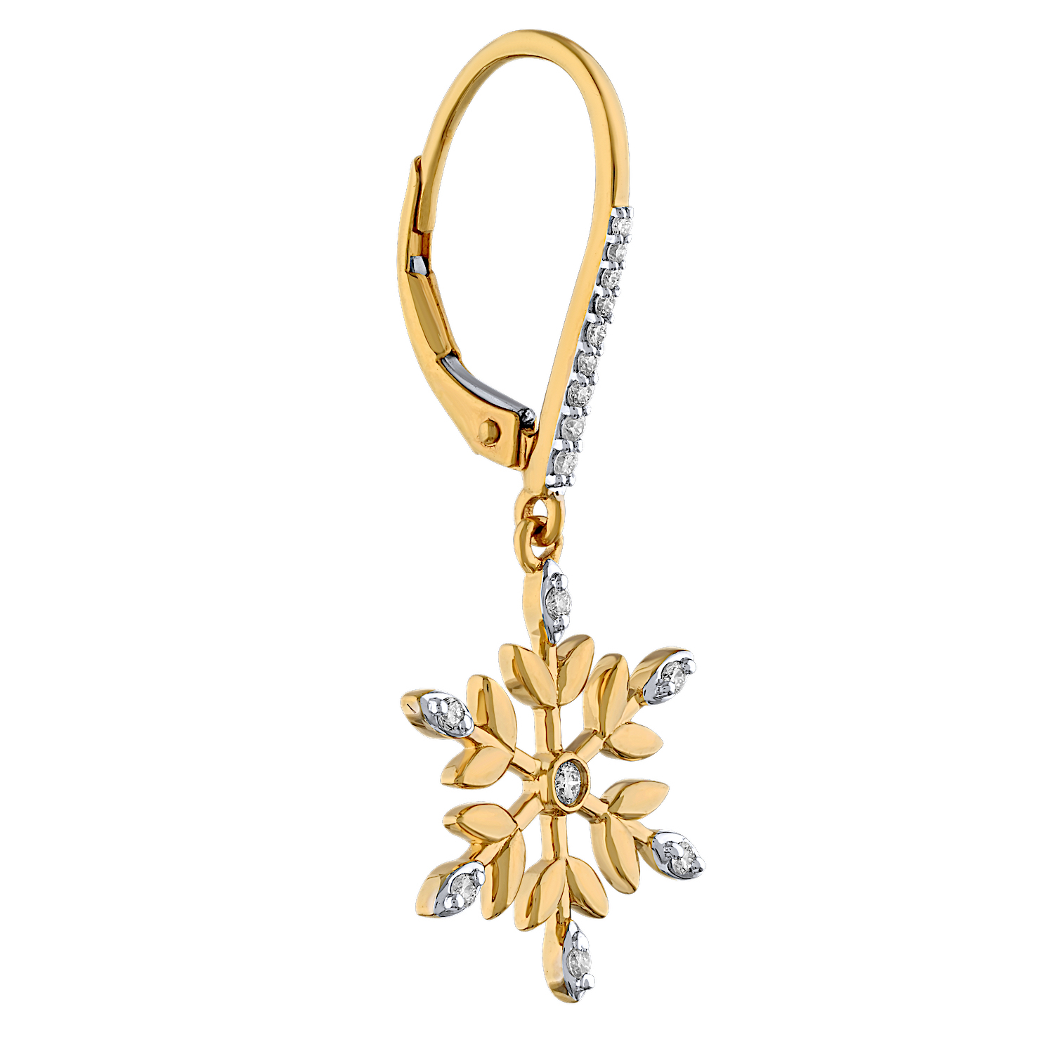 14K Yellow Gold Earrings 6 Spokes with Leaves Bezel Center Drop on Diamond Set Bars Diamond 0.22 Ctw