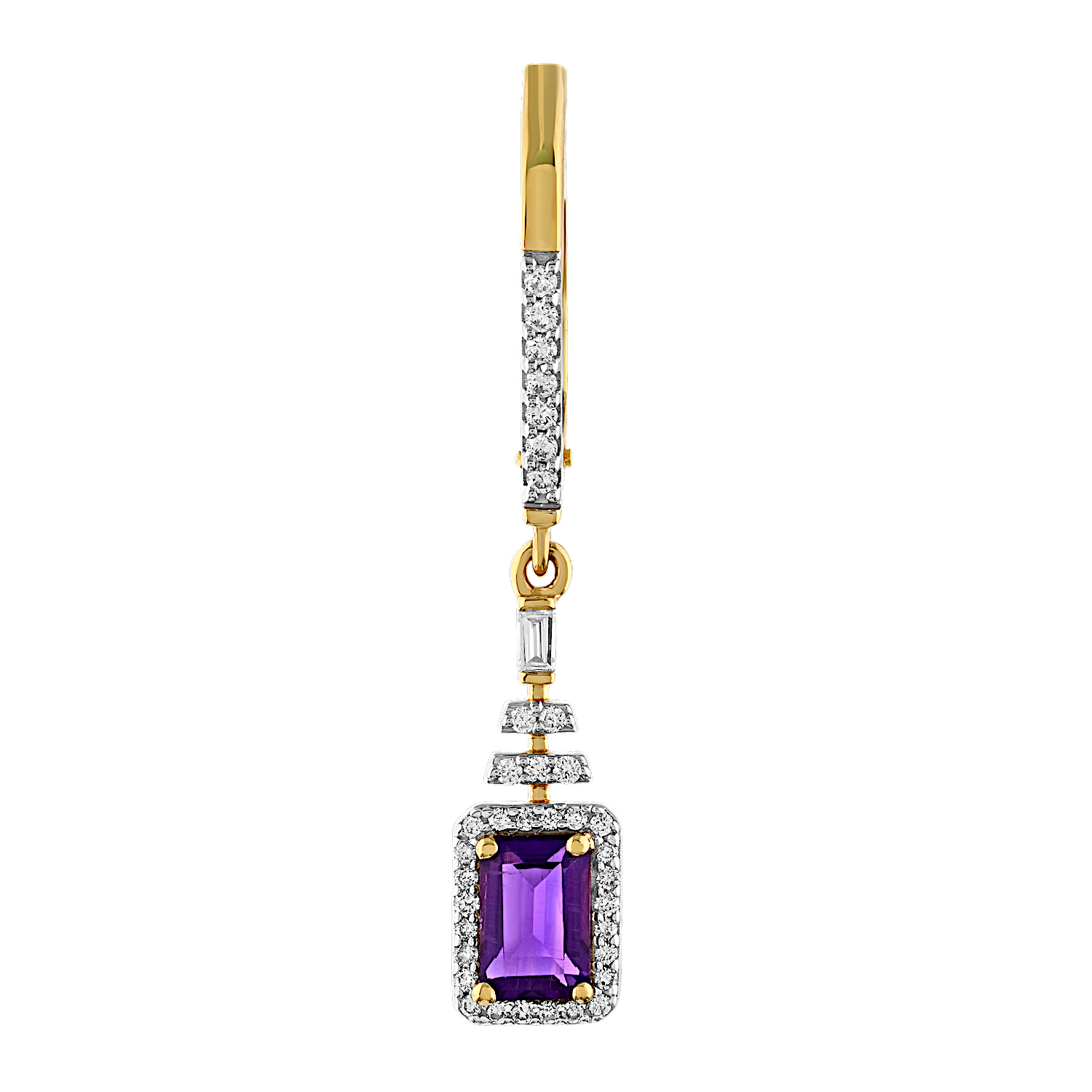 Majestic Gems&trade; 14k Yellow Gold Emerald Shape Amethyst Halo Drops w/Baguettes Amethyst & Diamond 1.58 Ctw