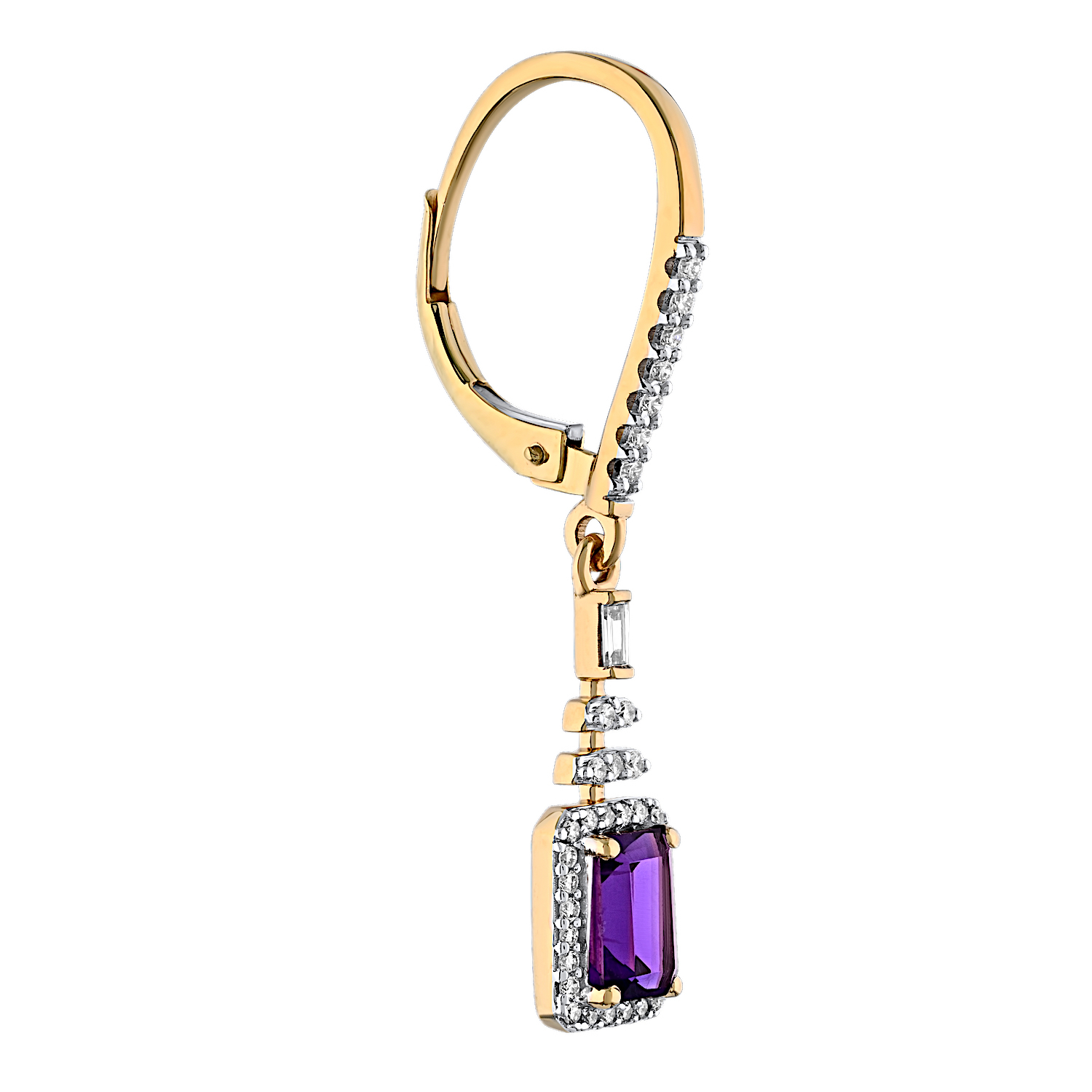 Majestic Gems&trade; 14k Yellow Gold Emerald Shape Amethyst Halo Drops w/Baguettes Amethyst & Diamond 1.58 Ctw