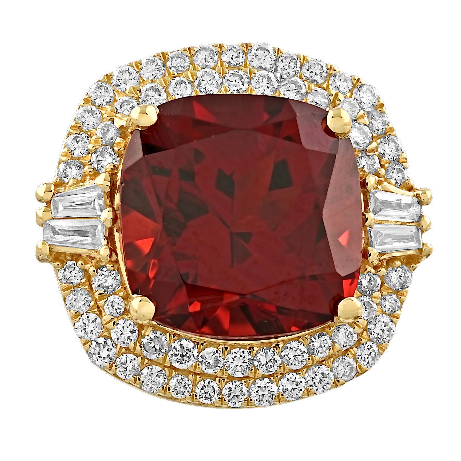 Majestic Gems&trade; 14k Yellow Gold Cushion Garnet Double Halo Baguette on Sides Studs Garnet & Diamond 5.76 Ctw