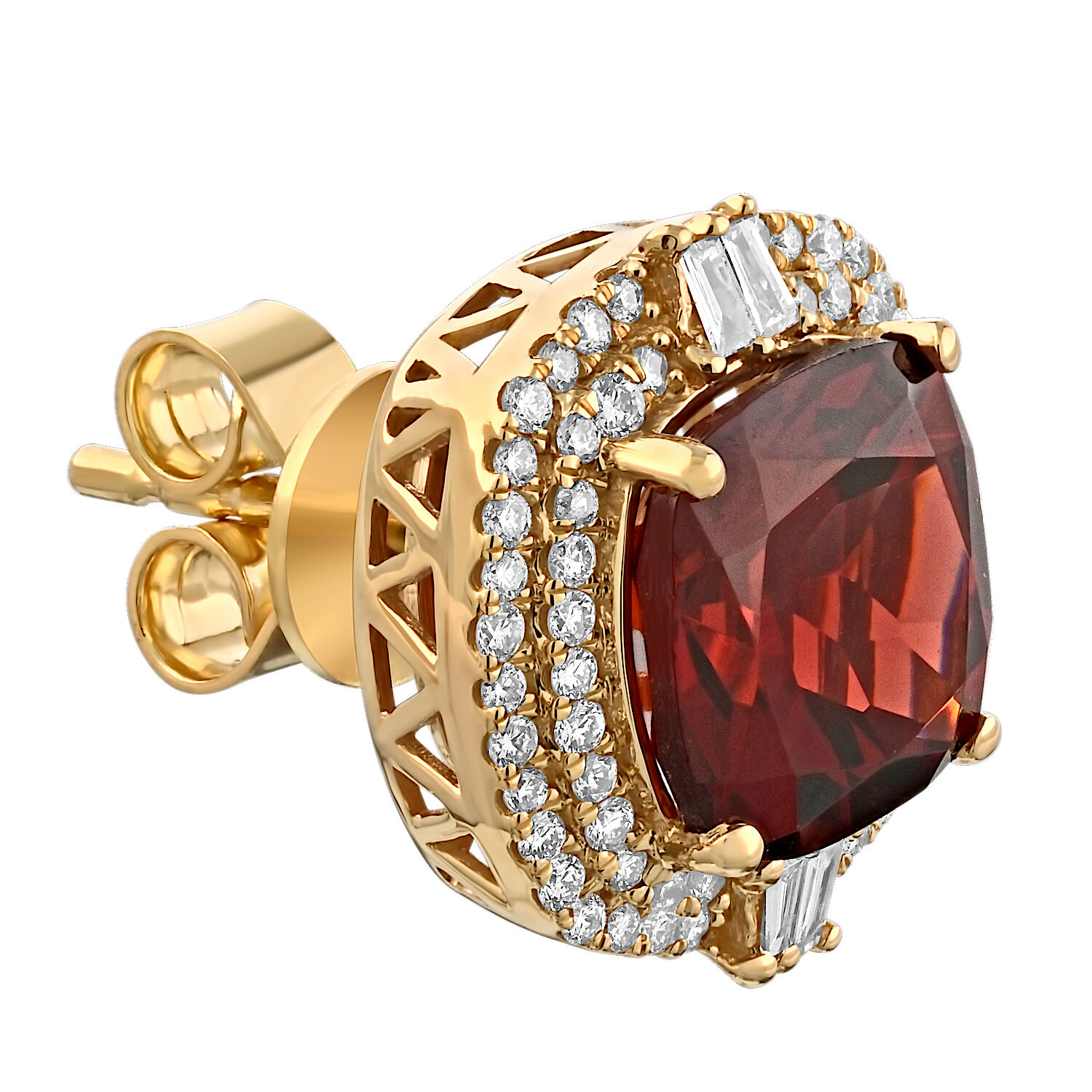 Majestic Gems&trade; 14k Yellow Gold Cushion Garnet Double Halo Baguette on Sides Studs Garnet & Diamond 5.76 Ctw