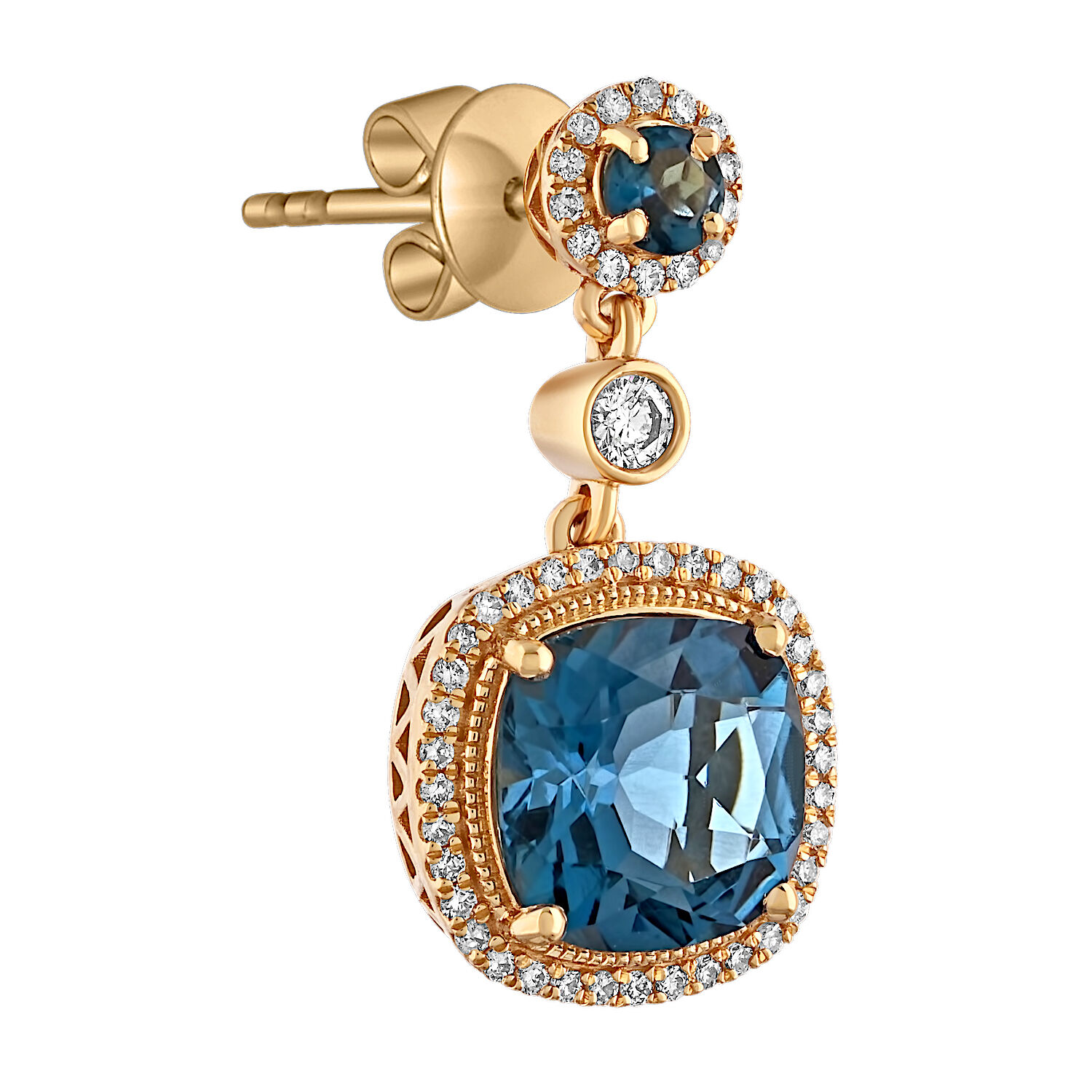 Majestic Gems&trade; 14k Yellow Gold Cushion Halo Drops with Round Bezel Diamond Between Blue Topaz & Diamond 5.10 Ctw