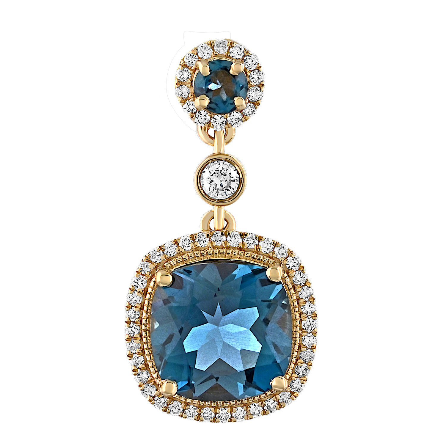 Majestic Gems&trade; 14k Yellow Gold Cushion Halo Drops with Round Bezel Diamond Between Blue Topaz & Diamond 5.10 Ctw