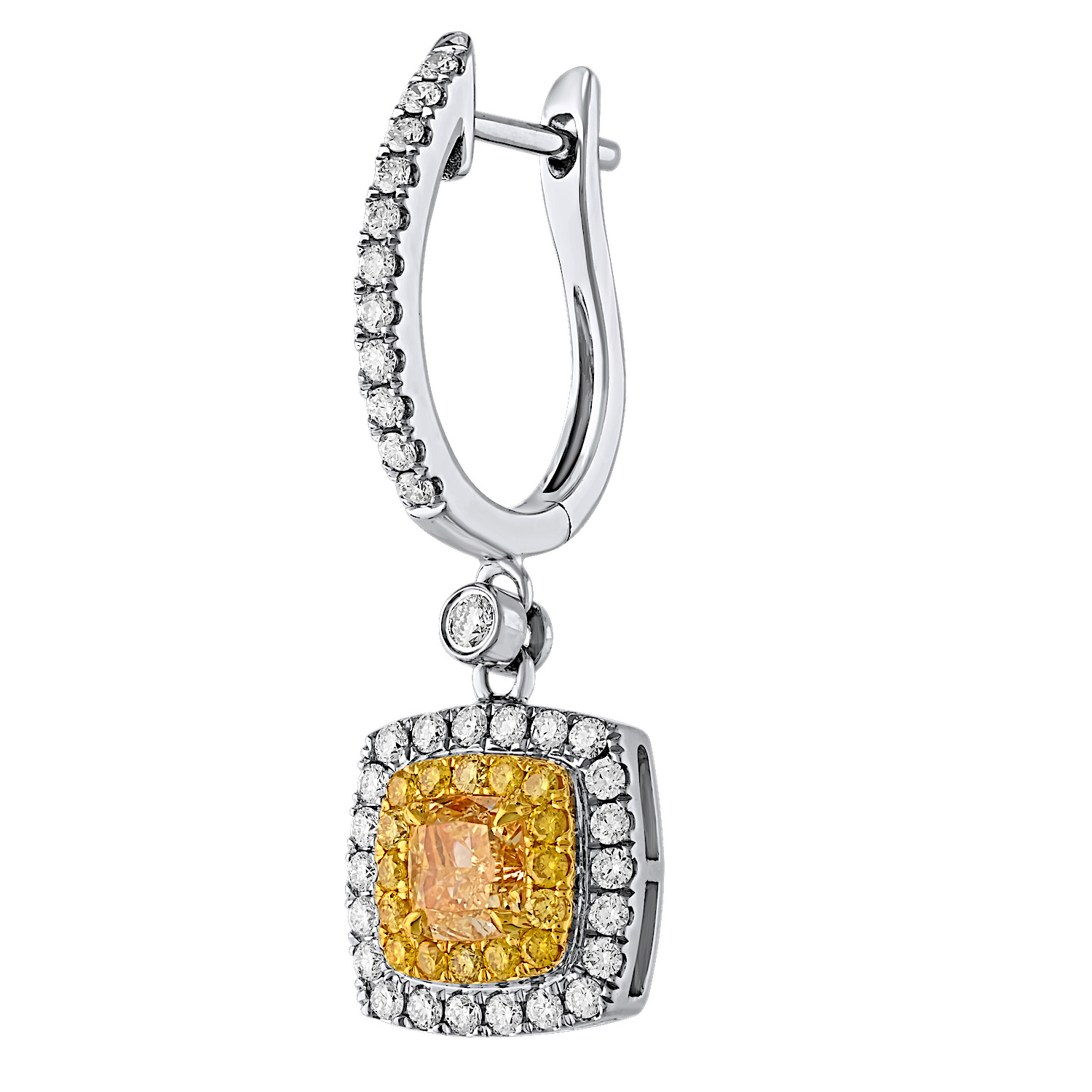 Canary Couture&trade; 14k Two Tone Earrings Yellow Cushion with Yellow & White Double Halo on Diamond Hoops 1.97 Ctw