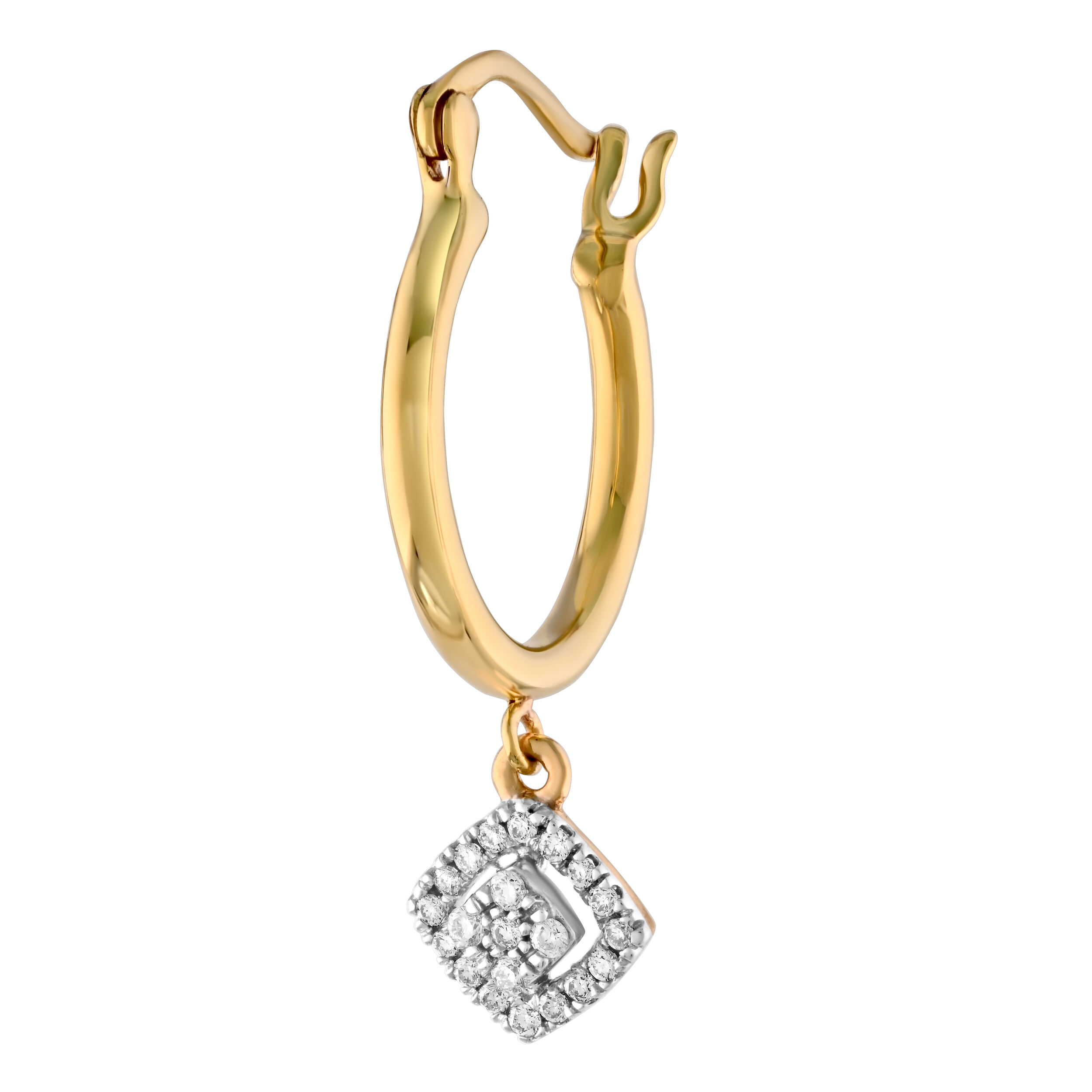 14K Yellow Gold Offset Square Drops on Plain Hoops Diamond Earrings 0.17 Ctw