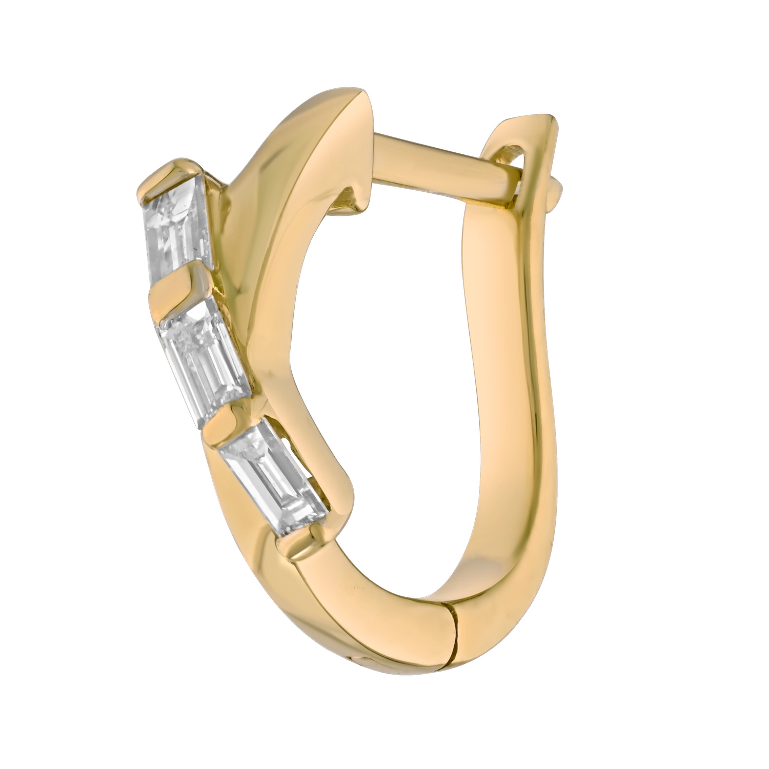 10K Yellow Gold Hoops with Diagonal Baguettes Diamond Earrings 0.15 Ctw